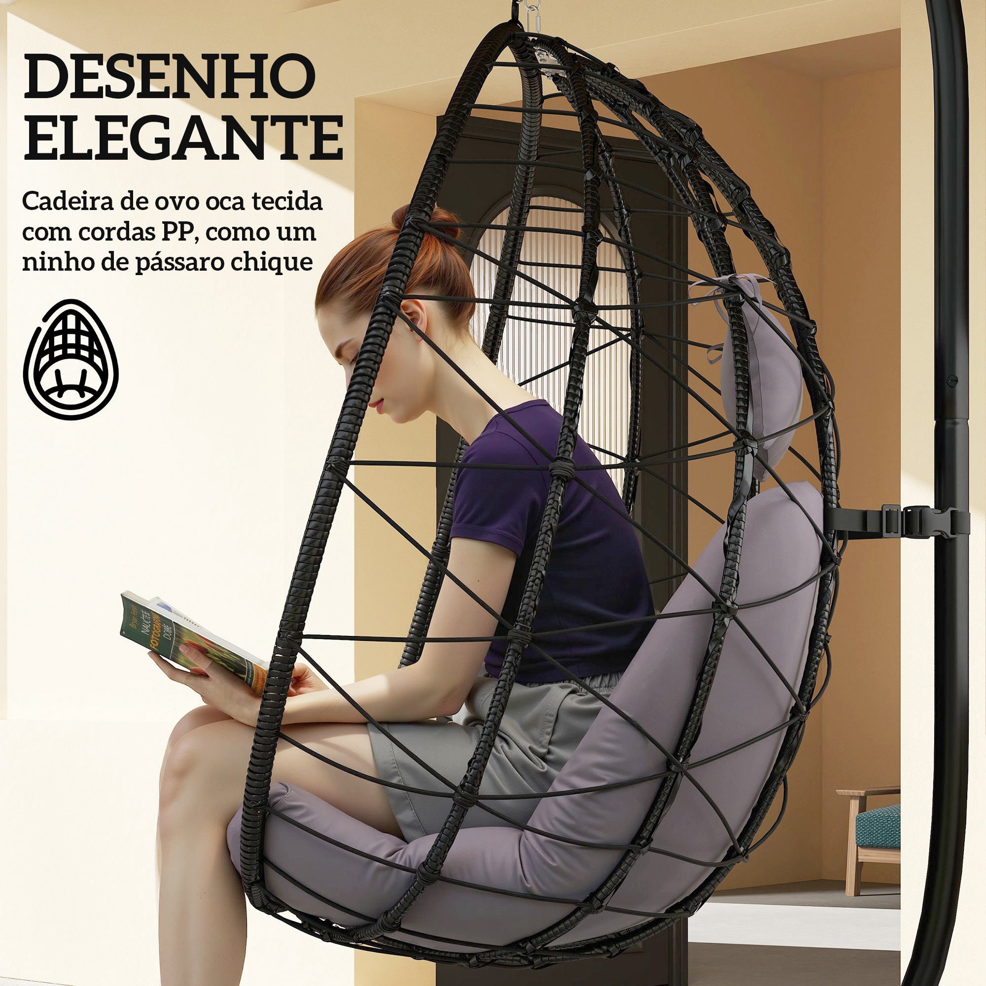 Cadeira Suspensa com Suporte Cinzento 98x95x198 cm