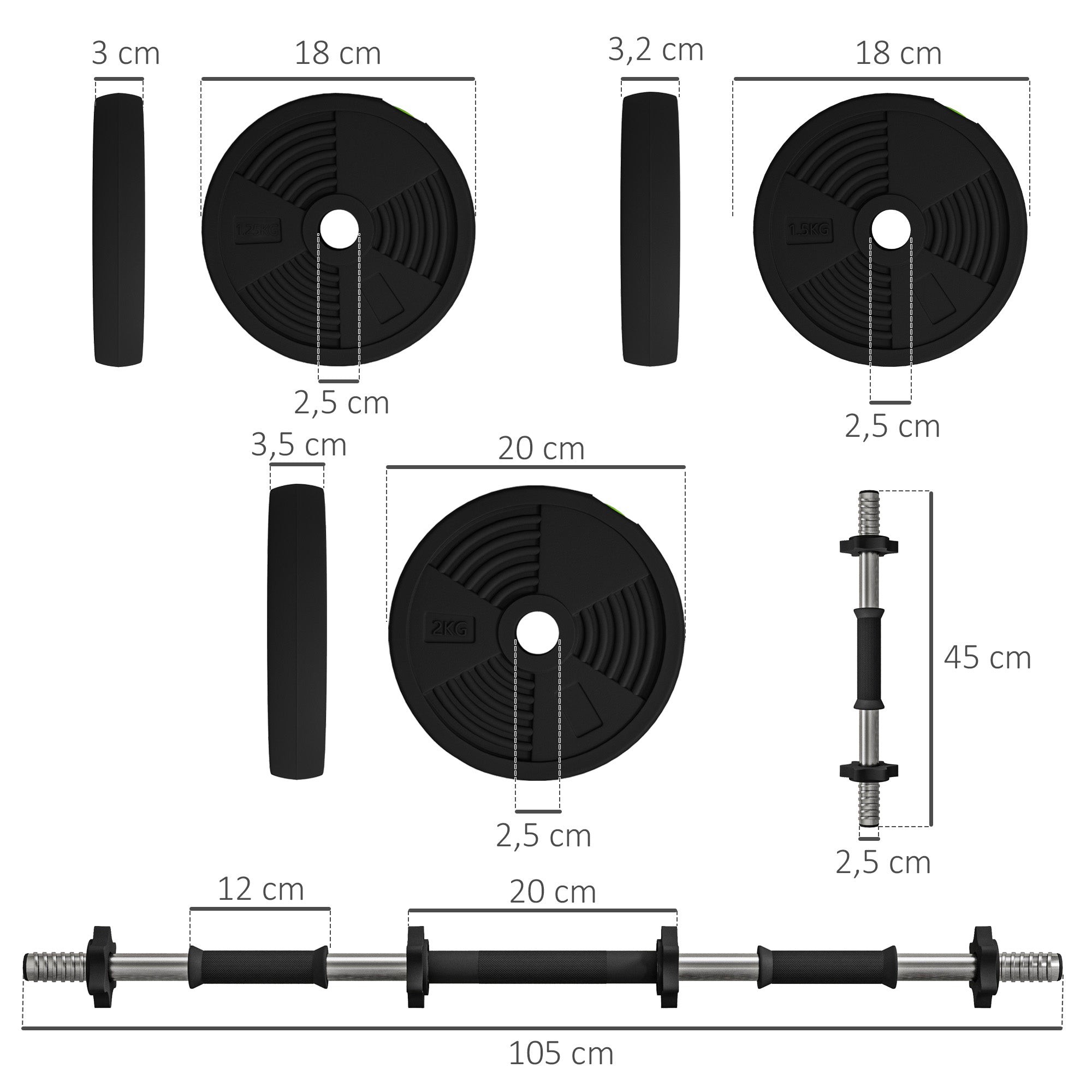 Conjunto de Halteres 2 em 1 - 20kg - Preto e Verde