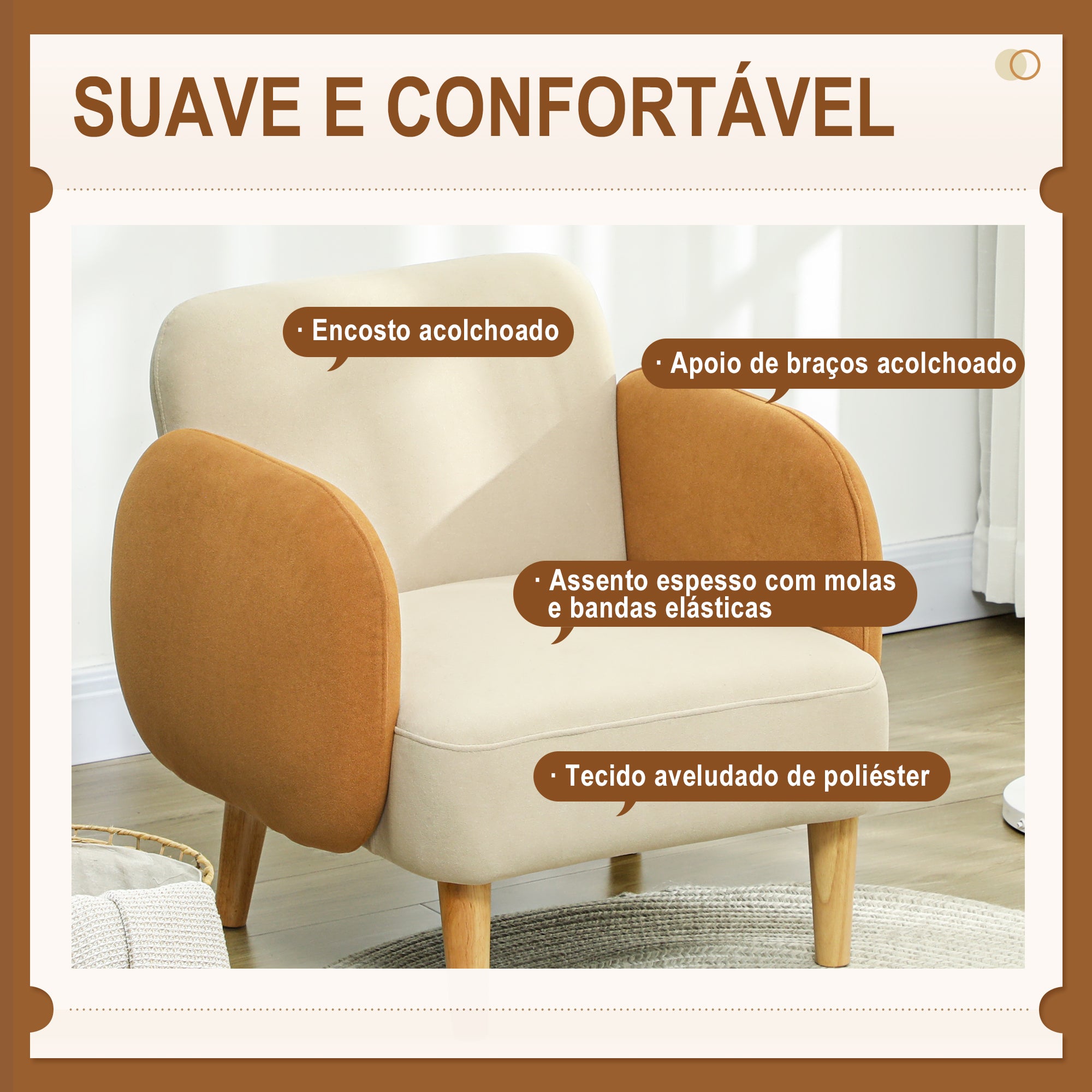 Poltrona Nórdica - 72x87x82 cm - Bege e Ocre - Veludo