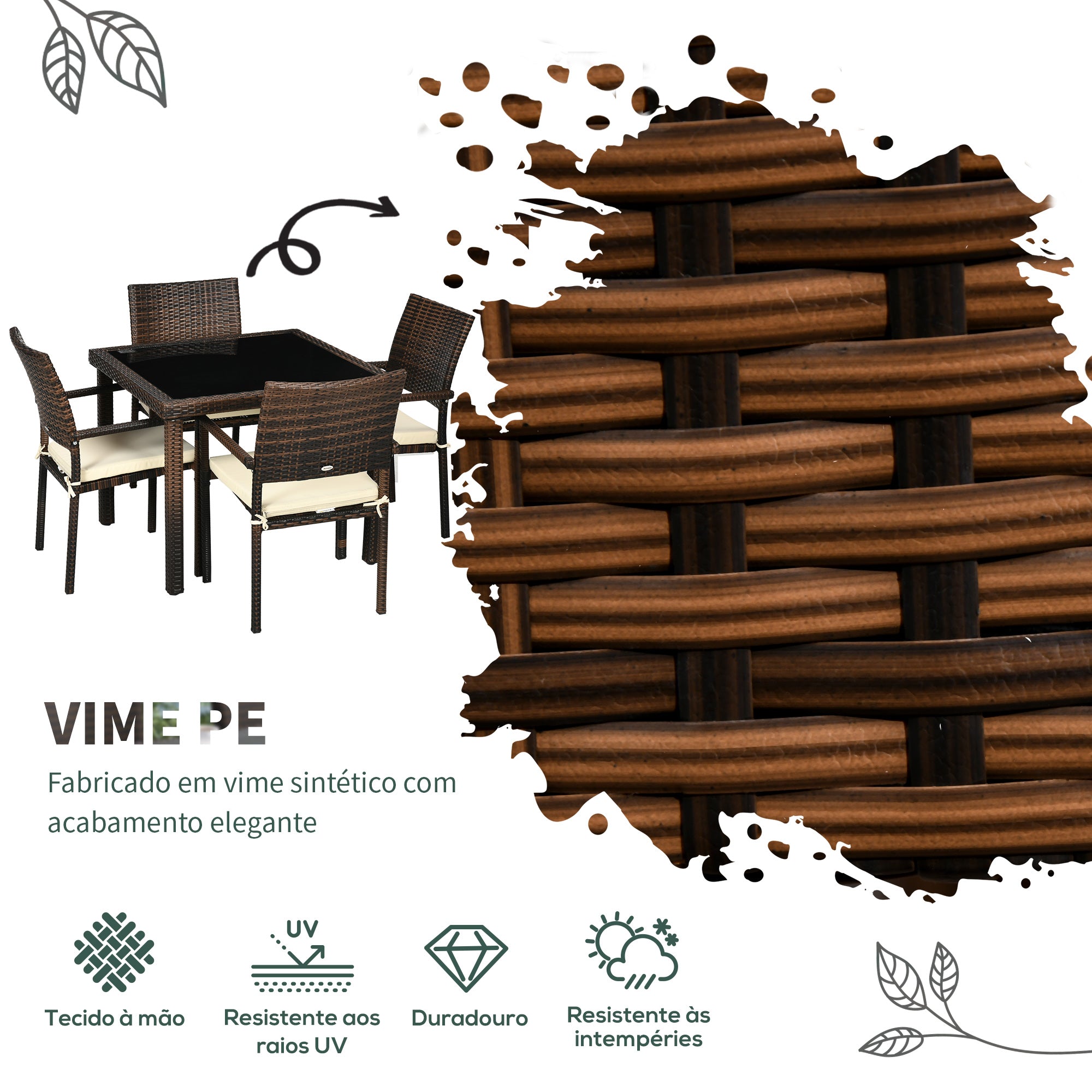 Conjunto de Móveis de Vime Sintético – 90x90x74 cm – Marrom – Aço e Vime PE