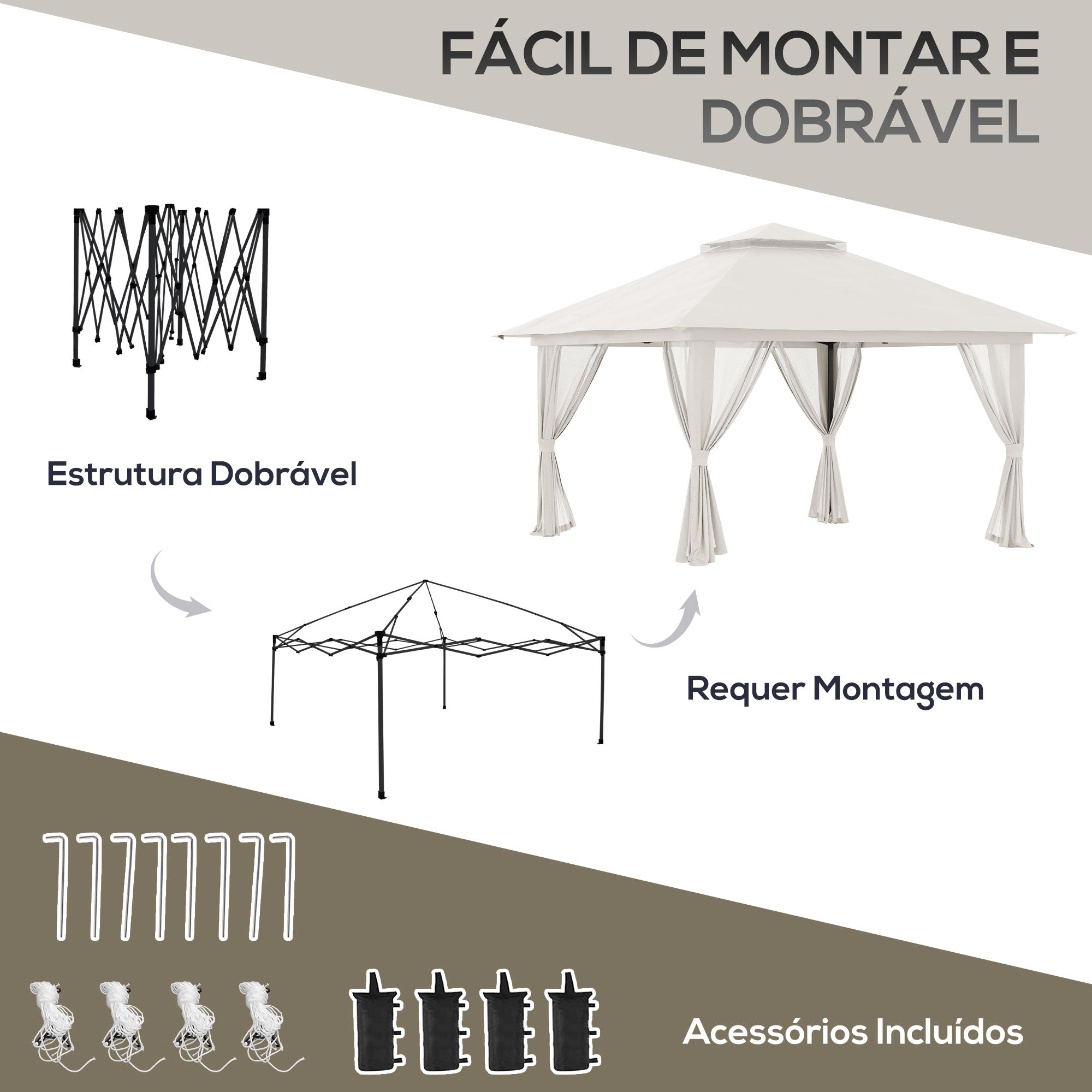 Tenda Dobrável Pop-UP – 392x392x283cm – Bege – Metal e Tecido Oxford UV50+