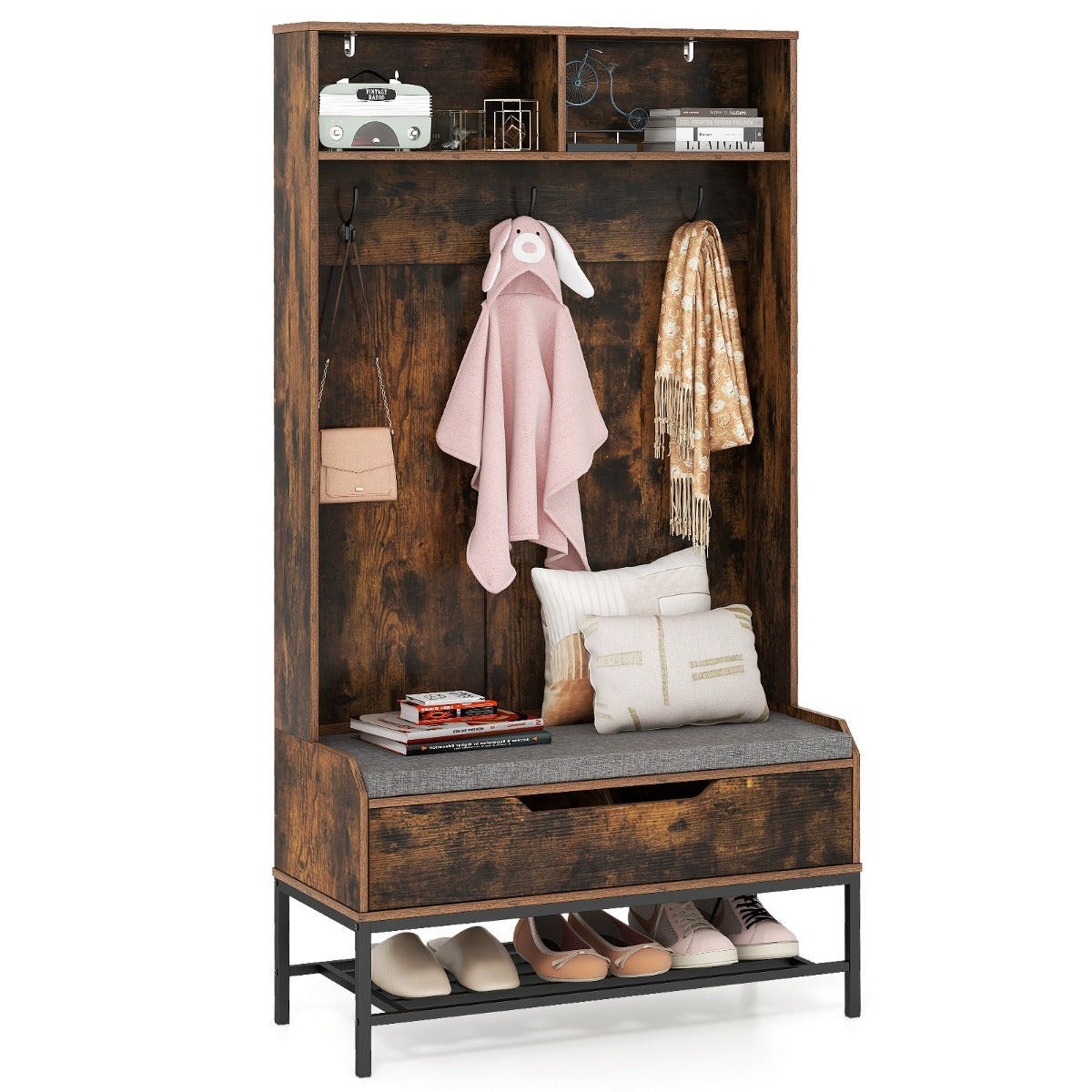 Cabide 4 em 1 com Banco Organizador – 170 CM – Castanho – Metal e poliéster
