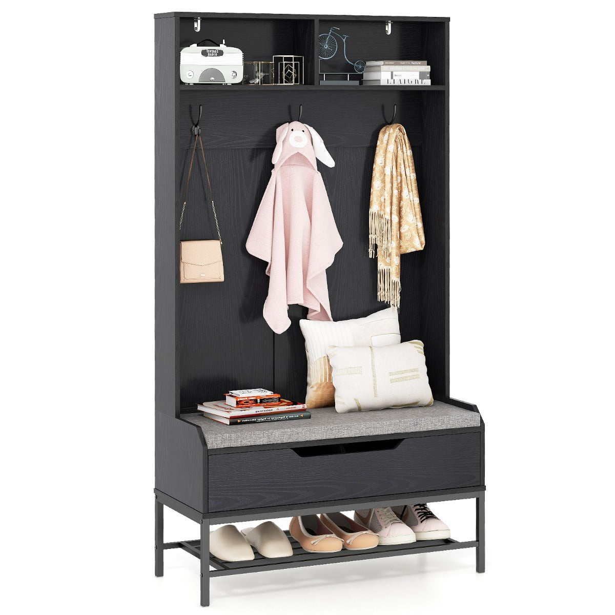 Cabide 4 em 1 com Banco Organizador – 170 CM – Preto – Metal