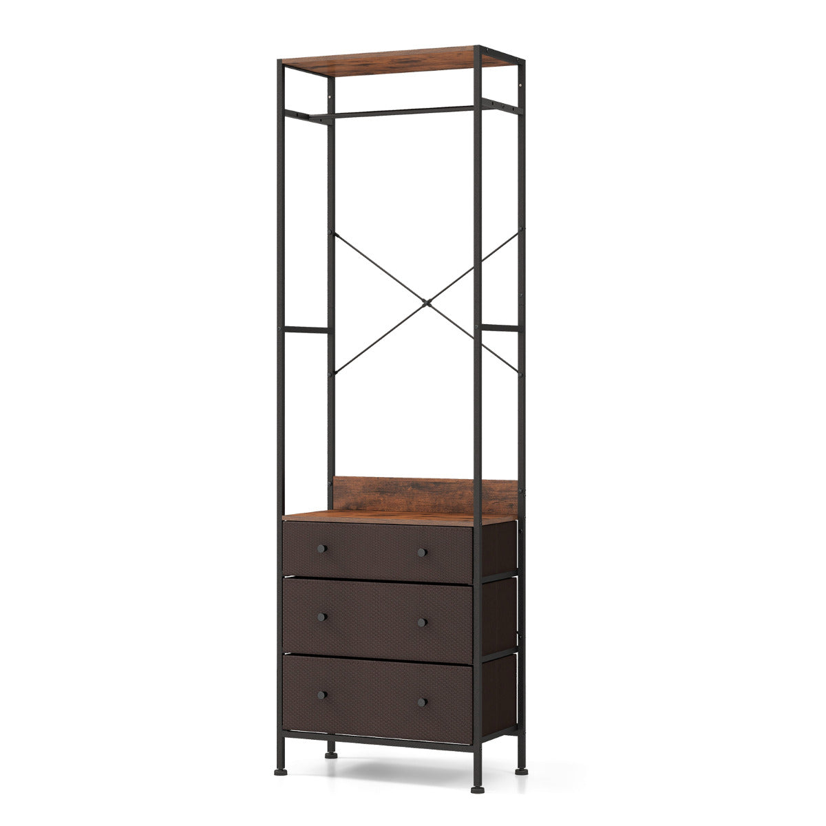 Cabide Organizador de Armário Independente com Gavetas e Barra para Pendurar – 55 x 28 x 176 cm – Castanho – Metal