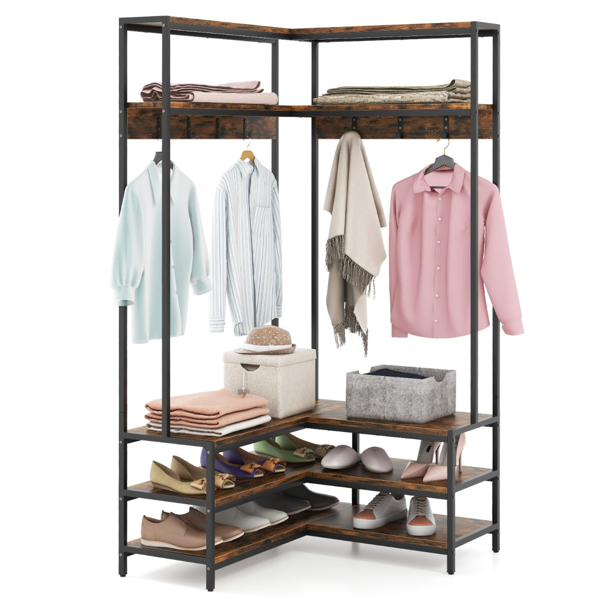 Cabide de Canto com Prateleiras e Ganchos – 90 x 90 x 178 cm – Preto/Dourado – Metal