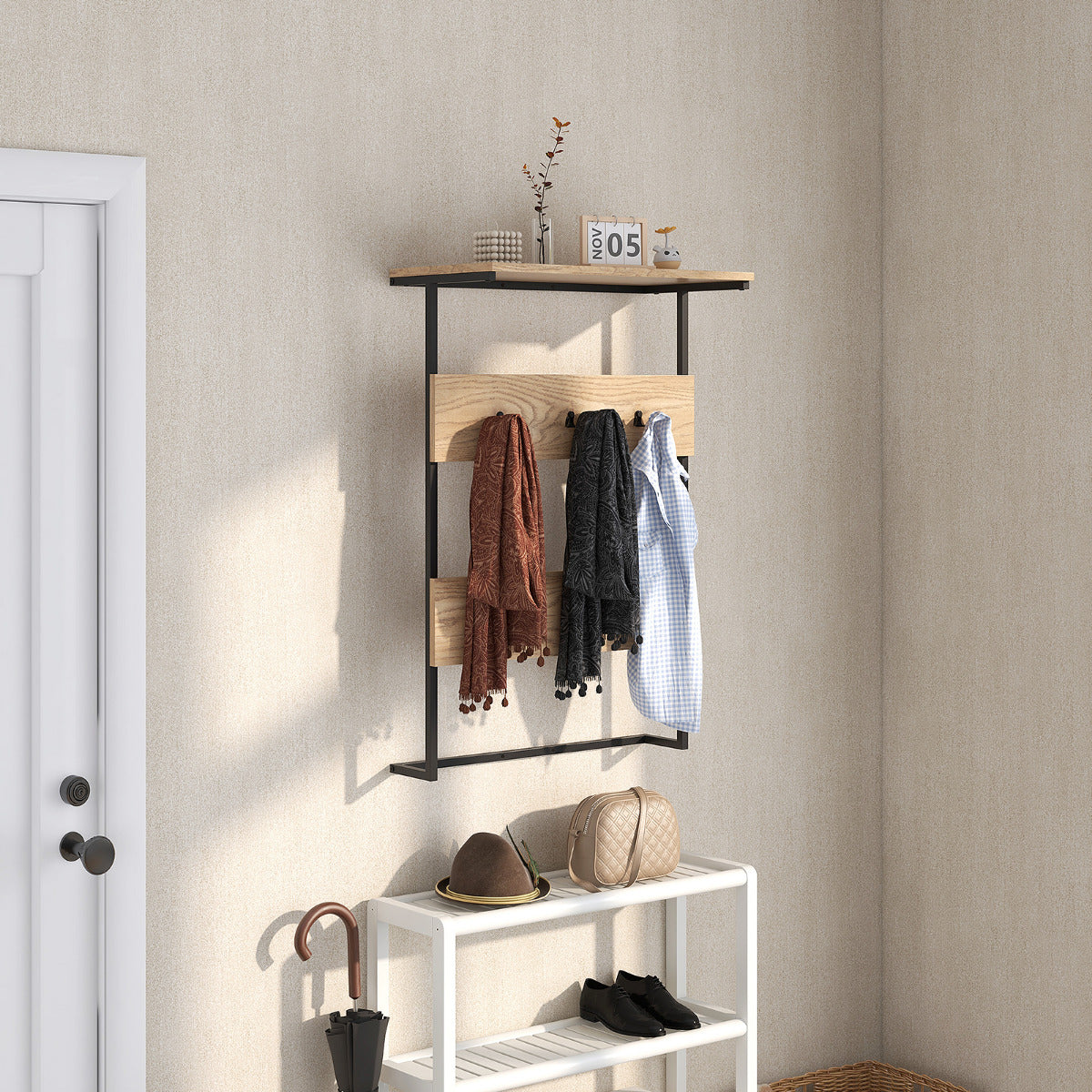 Cabide de Parede com 6 Ganchos e Prateleira – Metal – Natural