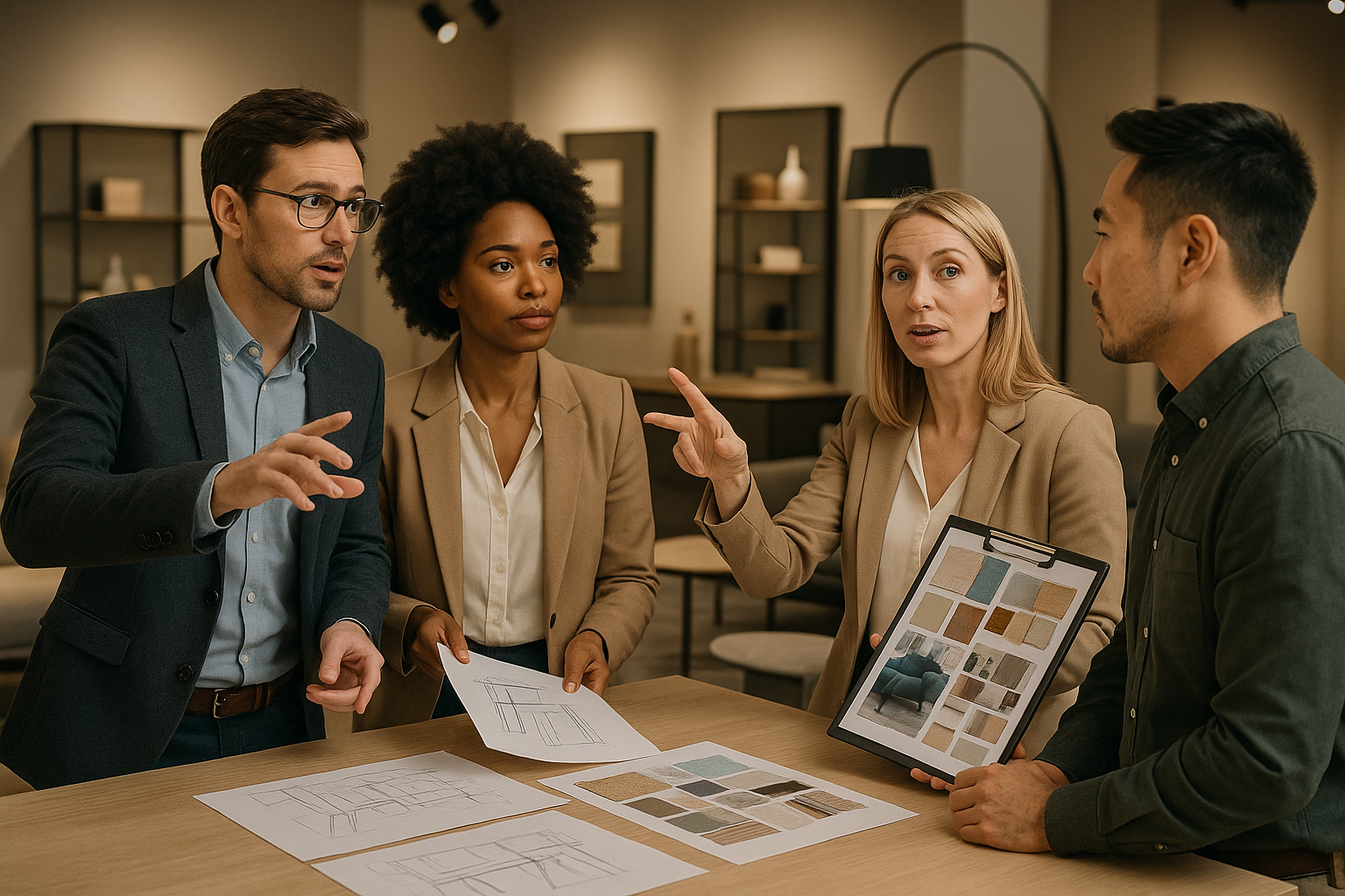 pessoas a falarem designres de moveis interiores
