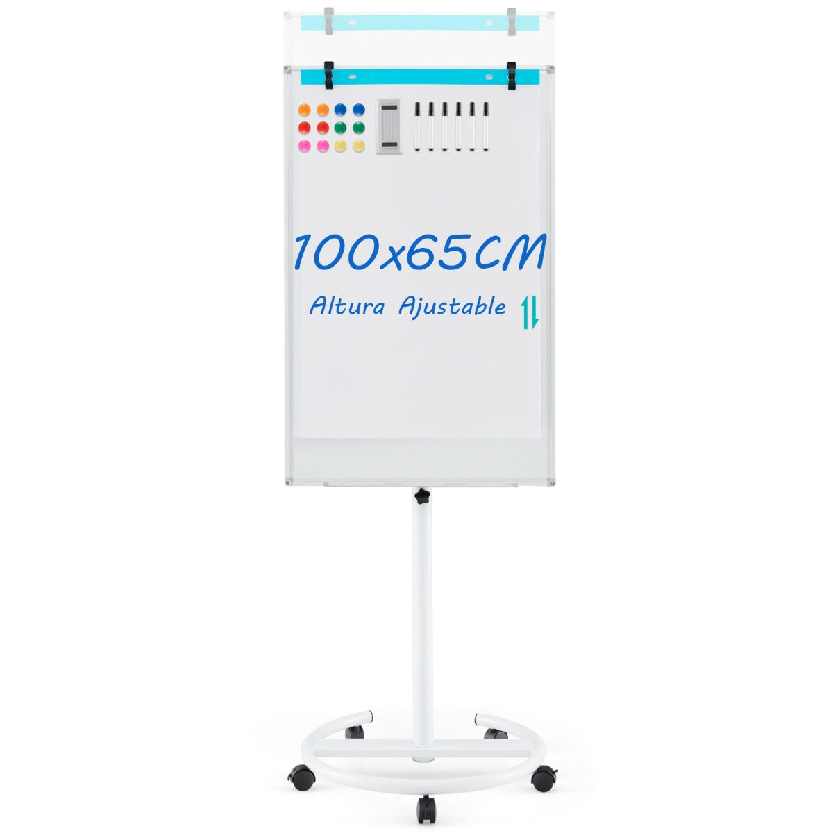 Pizarra Branca Magnética Ajustável em Altura com Rodas – 65 x 60 x 132-192 cm – Branco – Metal