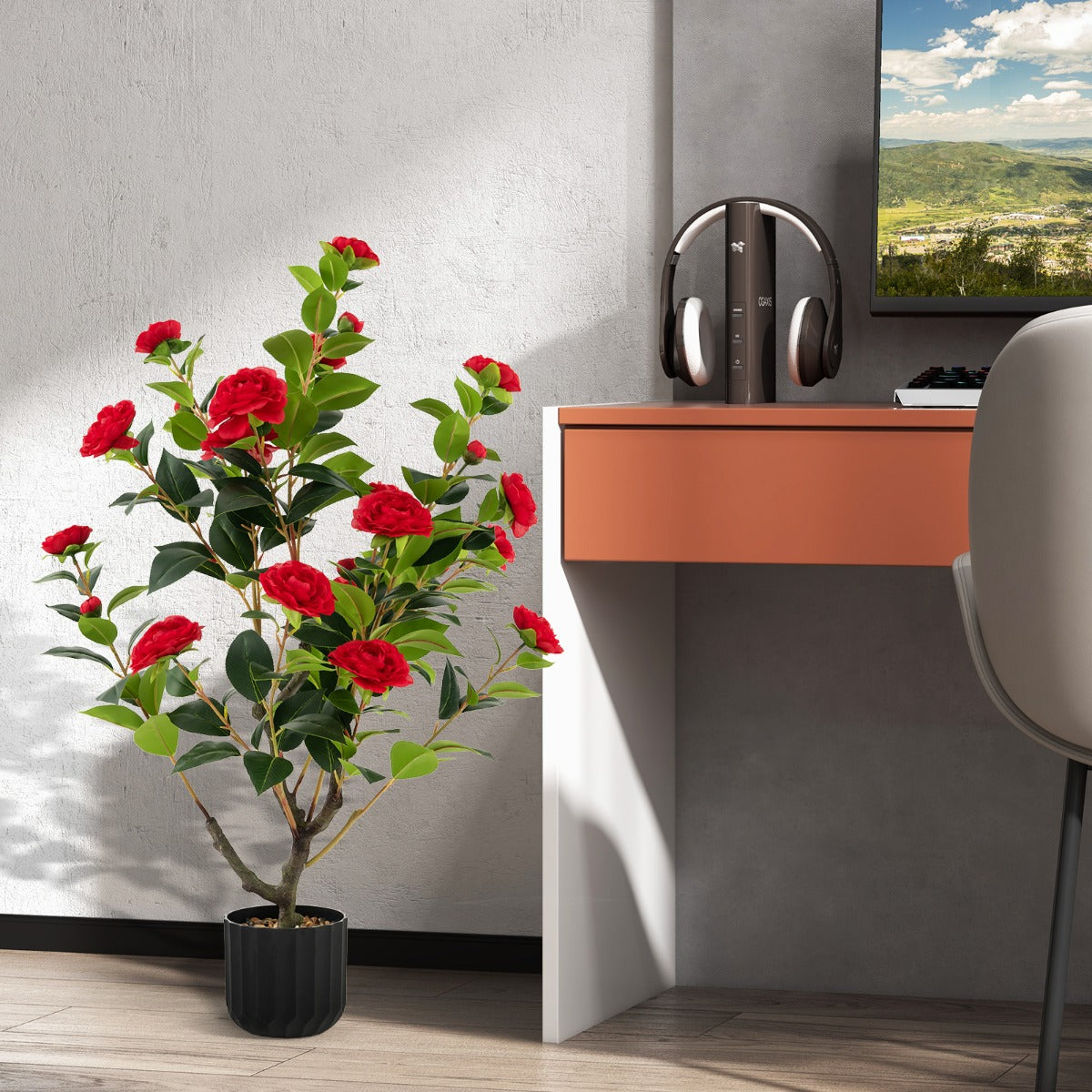 Conjunto de 2 Plantas de Camélia Artificial – 95 cm – Vermelha – Seda e Goma