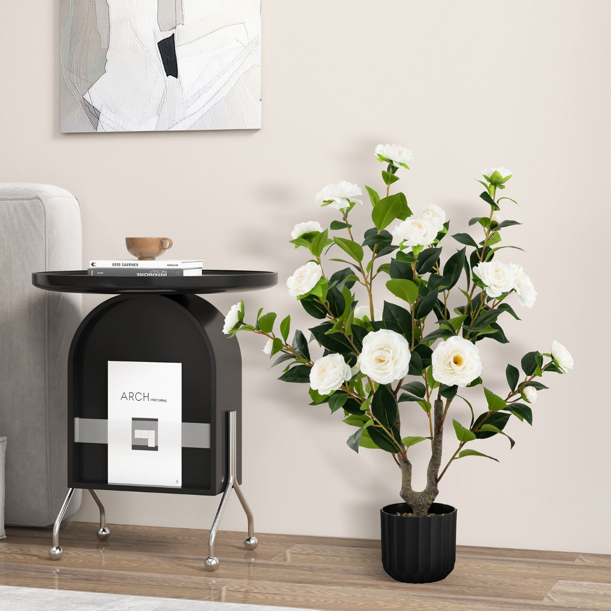 Conjunto de 2 Plantas de Camélia Artificial – 95 cm – Branco – Cimento