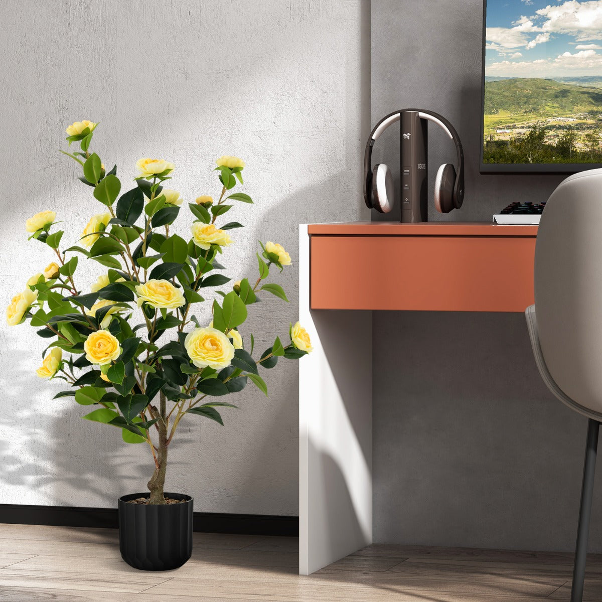 Conjunto de 2 Plantas de Camélia Artificial – 95 cm – Amarelo – Cimento