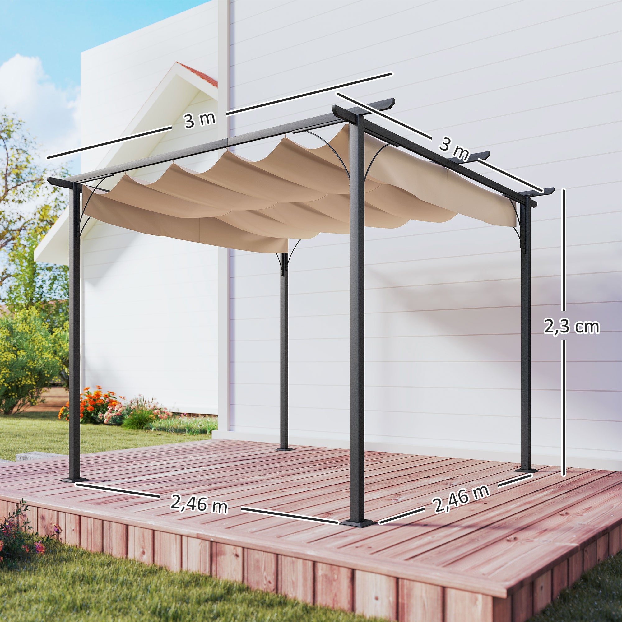 Pérgula de Jardim com Toldo Retrátil 300x300x230 cm - Bege e Preto