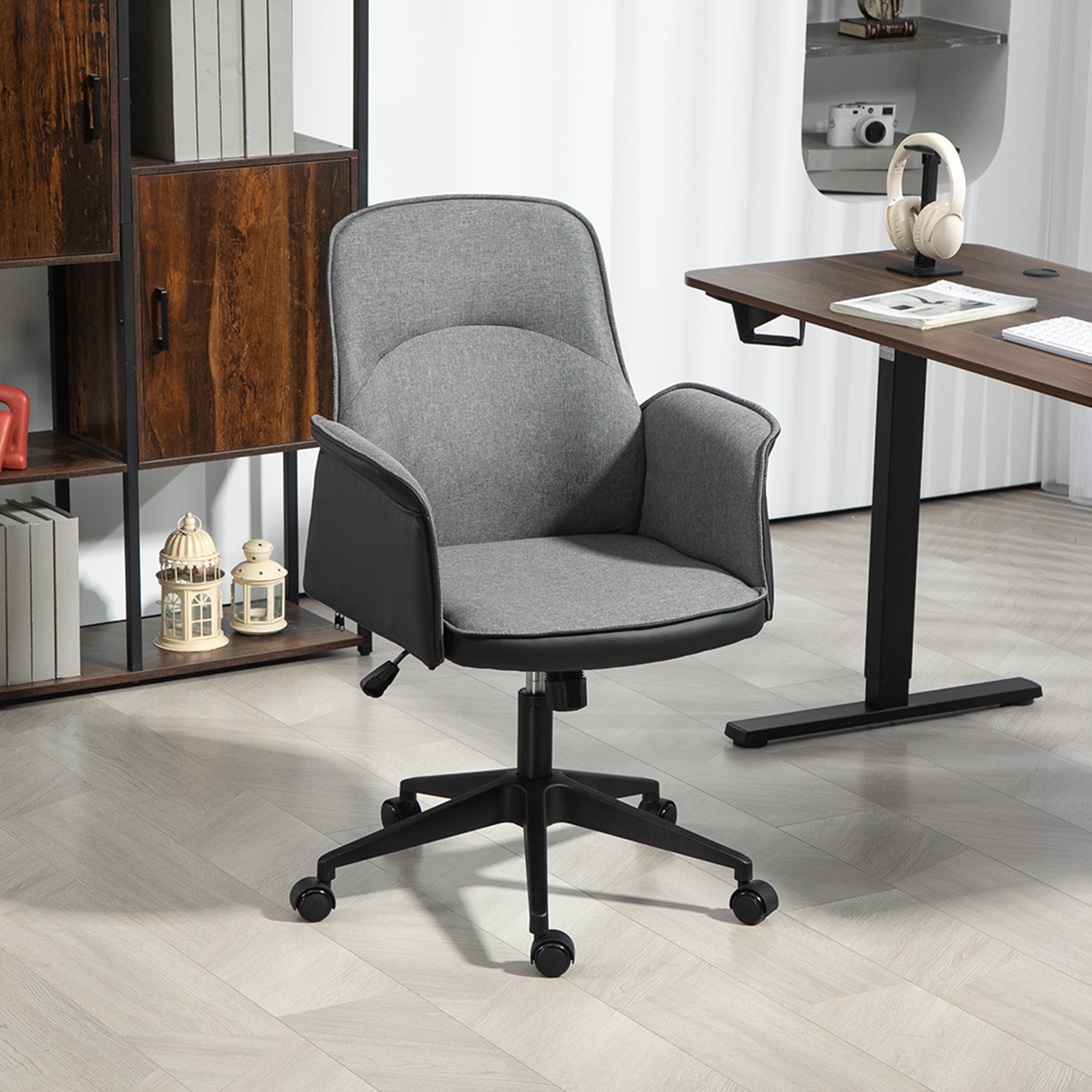 Cadeira de Escritório com Altura Ajustável 66x65x93-103 cm - Cinza - Tecido de efeito linho, couro PU, espuma e metal