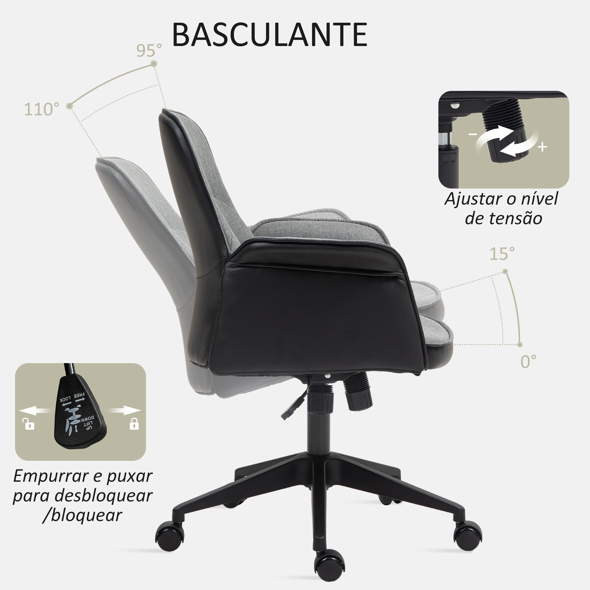 Cadeira de Escritório com Altura Ajustável 66x65x93-103 cm - Cinza - Tecido de efeito linho, couro PU, espuma e metal
