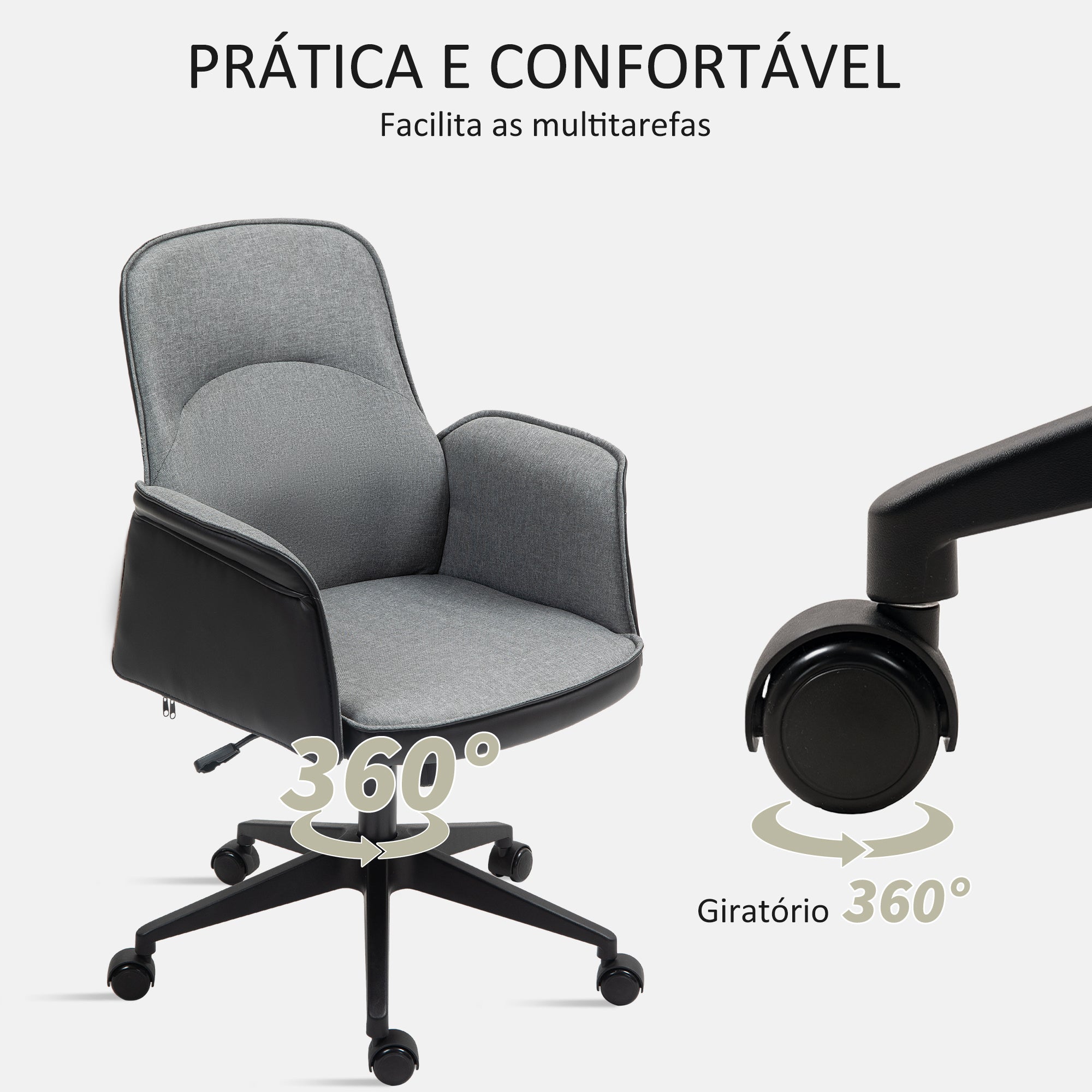 Cadeira de Escritório com Altura Ajustável 66x65x93-103 cm - Cinza - Tecido de efeito linho, couro PU, espuma e metal