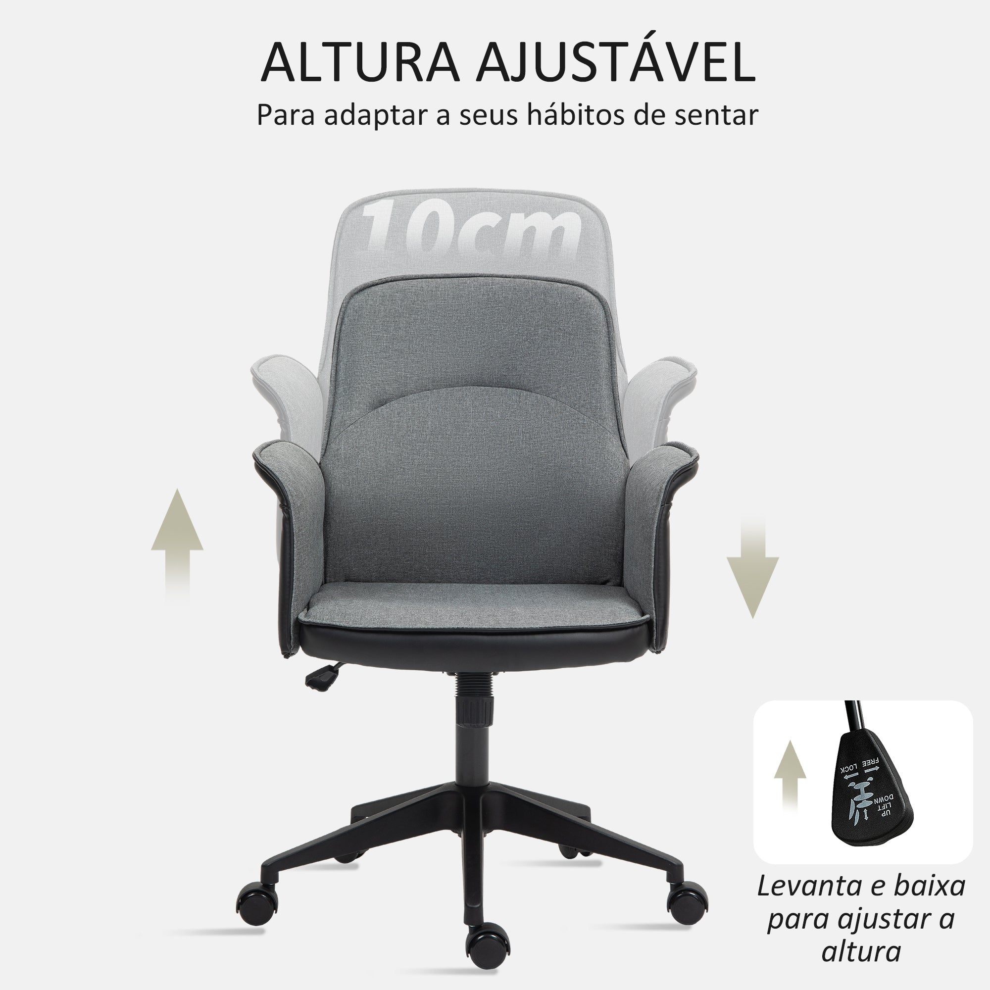 Cadeira de Escritório com Altura Ajustável 66x65x93-103 cm - Cinza - Tecido de efeito linho, couro PU, espuma e metal