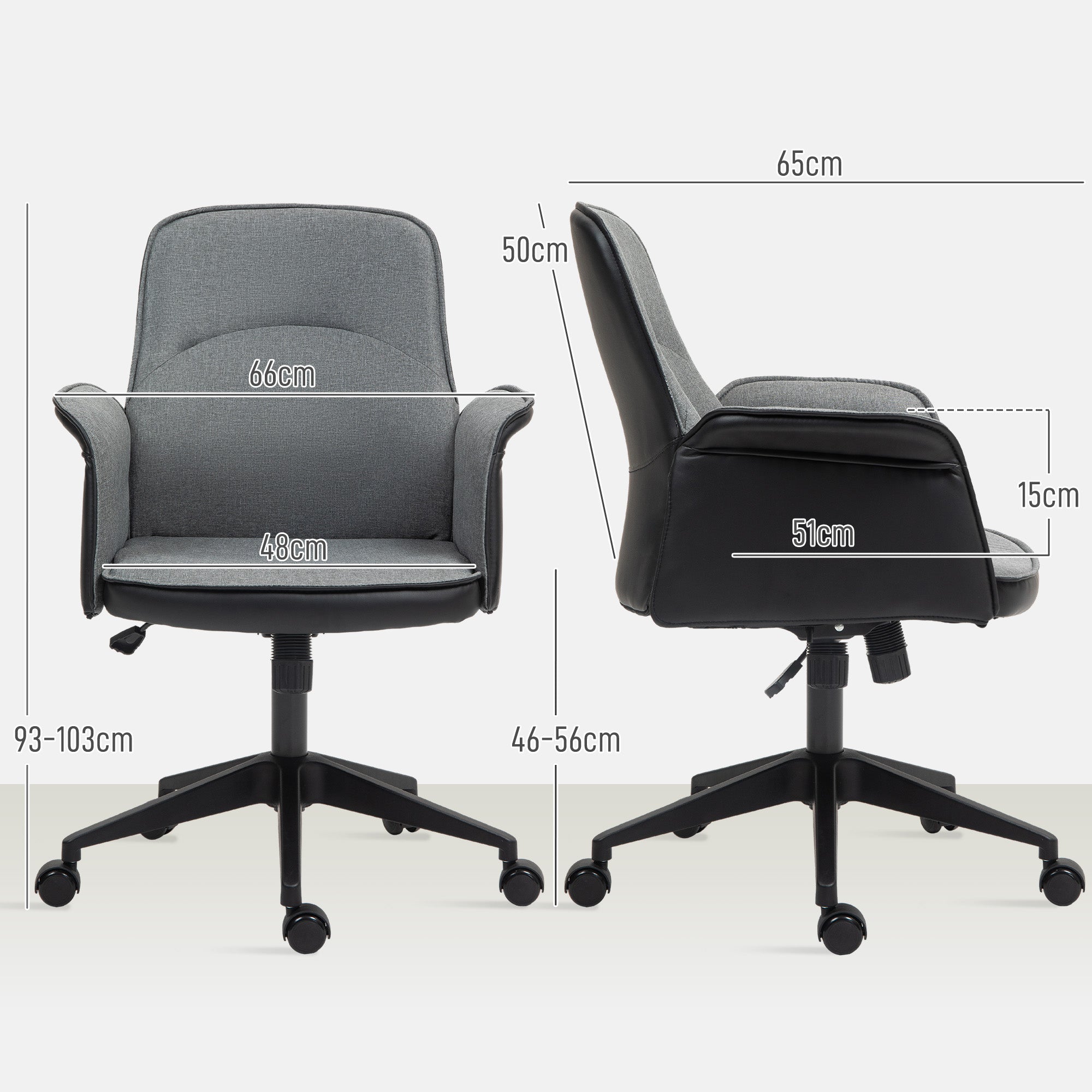 Cadeira de Escritório com Altura Ajustável 66x65x93-103 cm - Cinza - Tecido de efeito linho, couro PU, espuma e metal