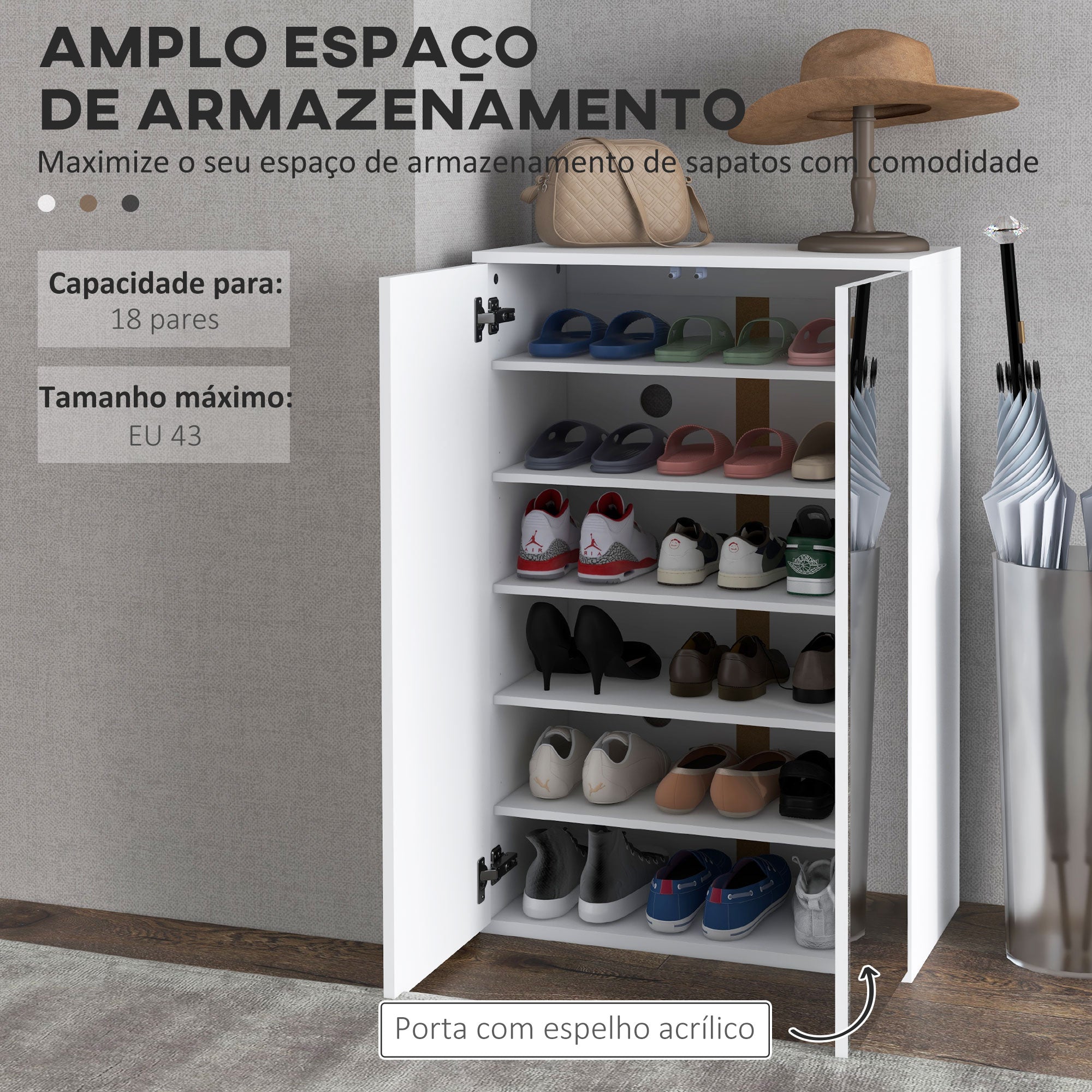 Sapateira com Espelho Móvel – 60x32x95 cm – Branco – Melamina de madeira e acrílico