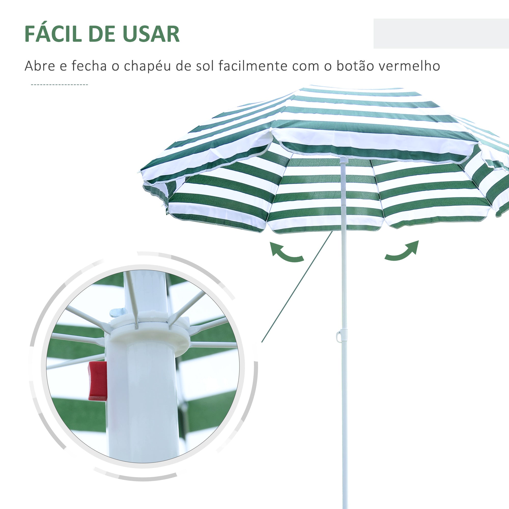 Chapéu de Sol de Praia – Ø180cm – Verde e Branco – Metal e Poliéster