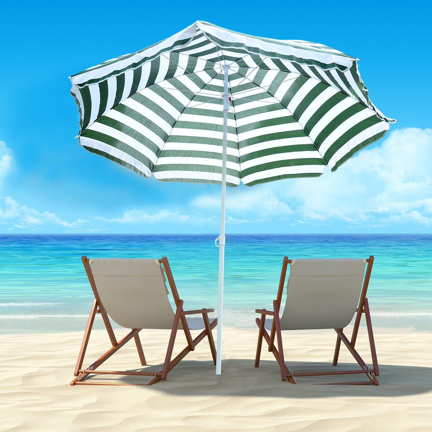 Chapéu de Sol de Praia – Ø180cm – Verde e Branco – Metal e Poliéster