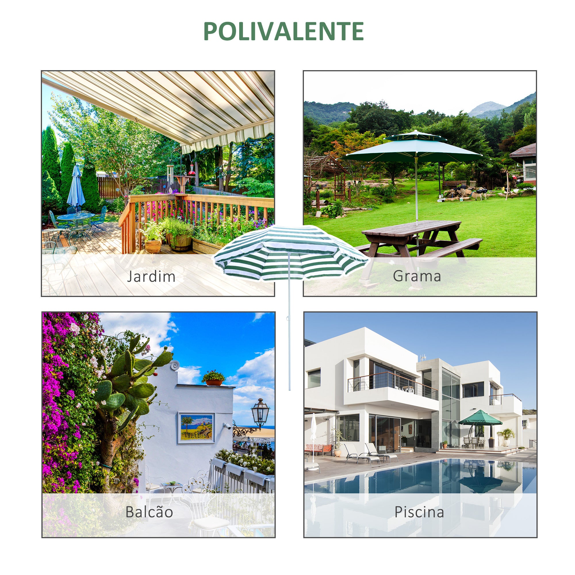 Chapéu de Sol de Praia – Ø180cm – Verde e Branco – Metal e Poliéster