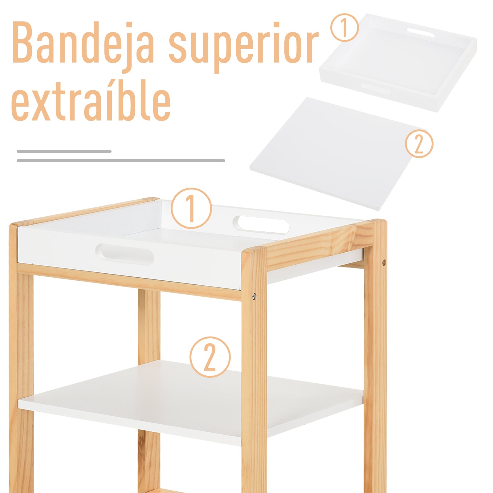 Carrinho de Cozinha com 4 Níveis e Bandeja Removível - 40x30x76 cm - Branco