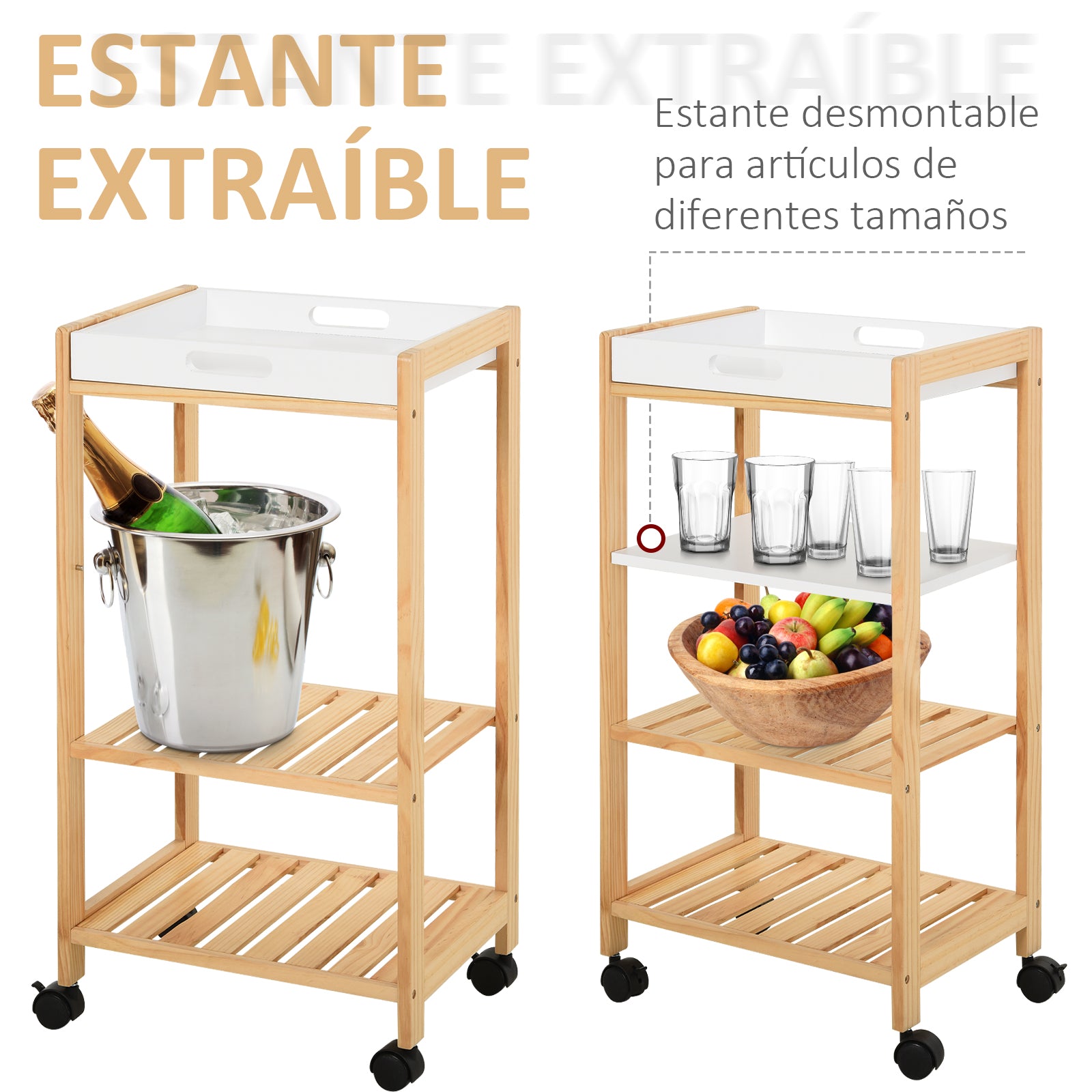 Carrinho de Cozinha com 4 Níveis e Bandeja Removível - 40x30x76 cm - Branco