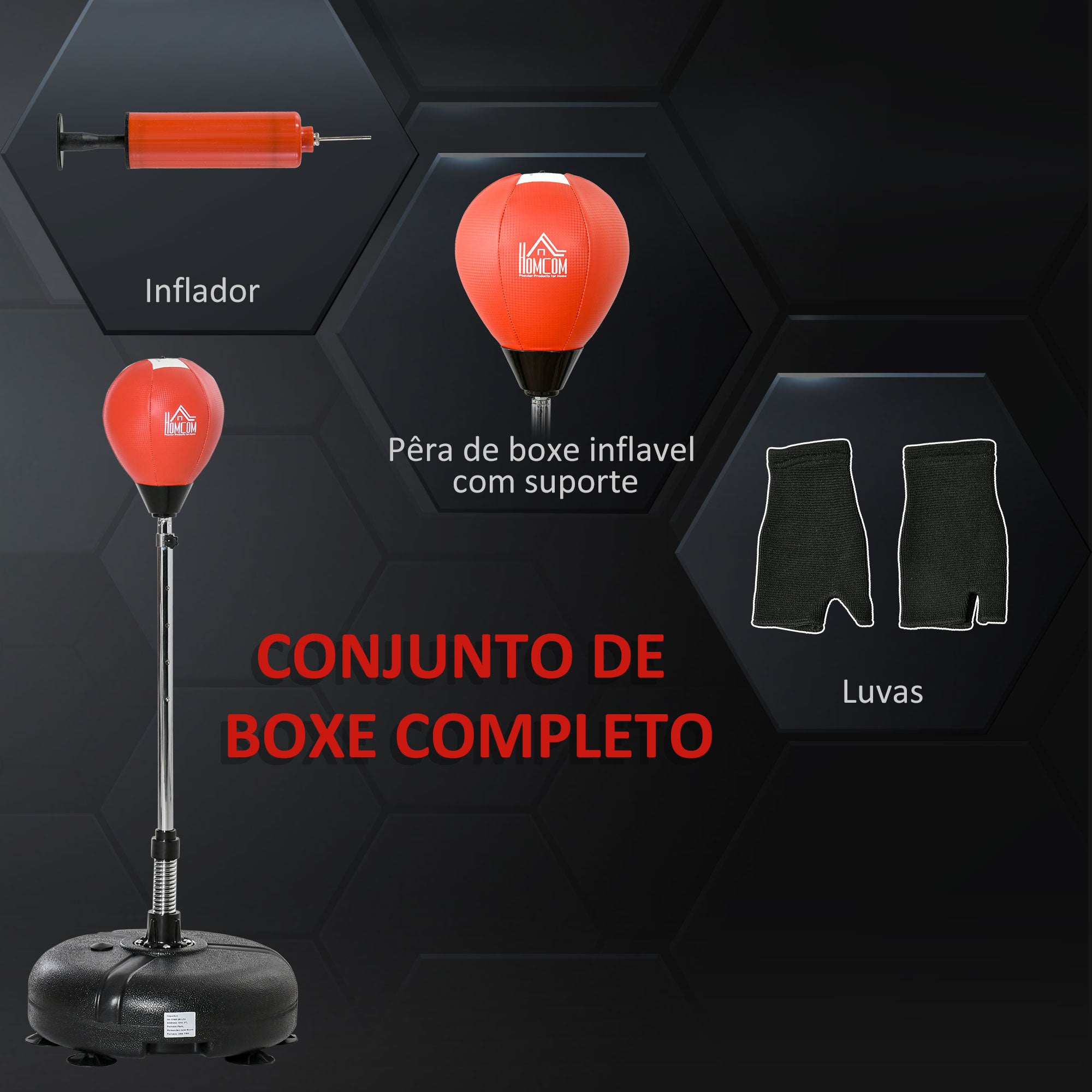 Saco de Boxe de Pé com Luvas – 45x45x158 cm – Preto e Vermelho – Aço e PE