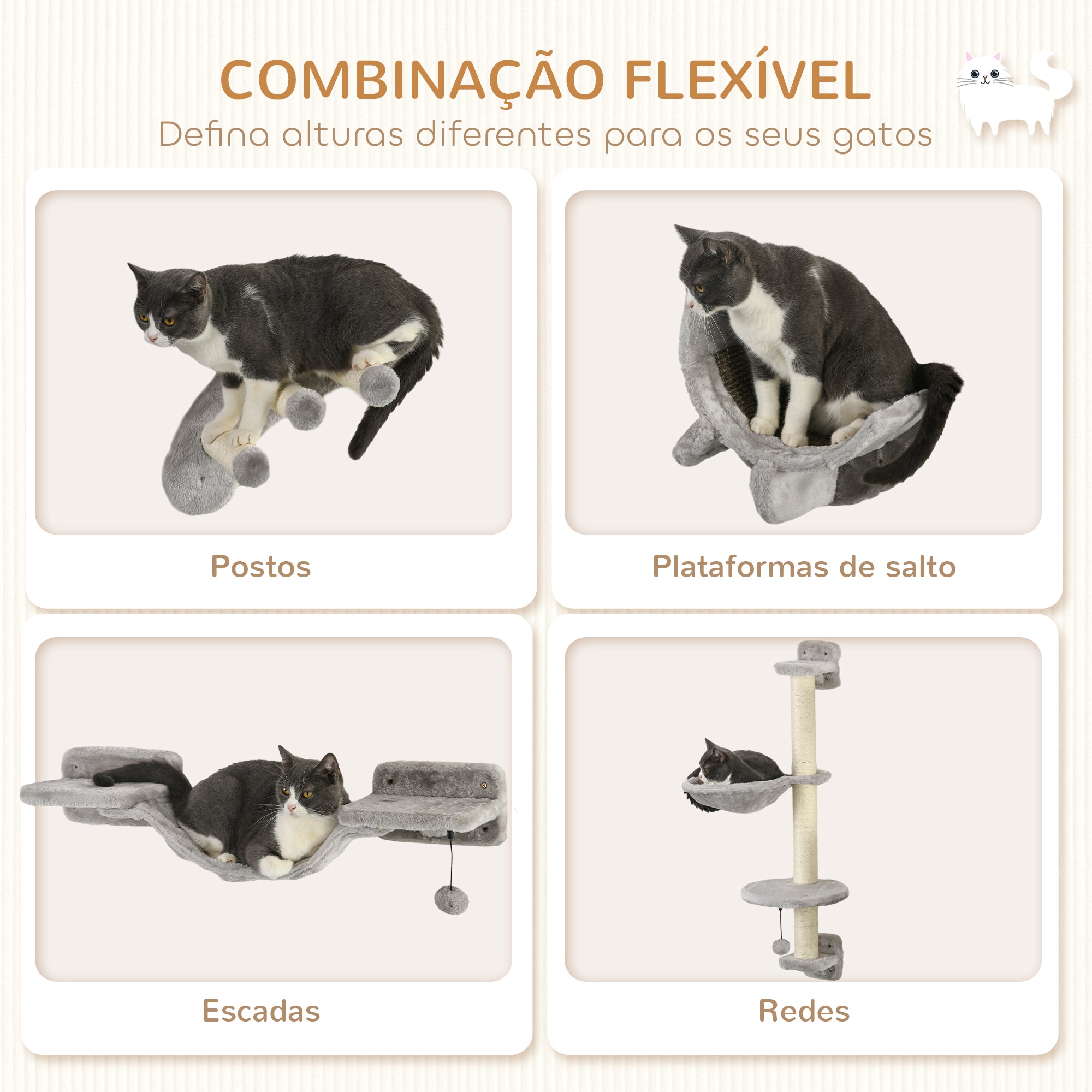 Conjunto de Prateleiras para Gatos Ø30×96 cm - Cinza e Bege