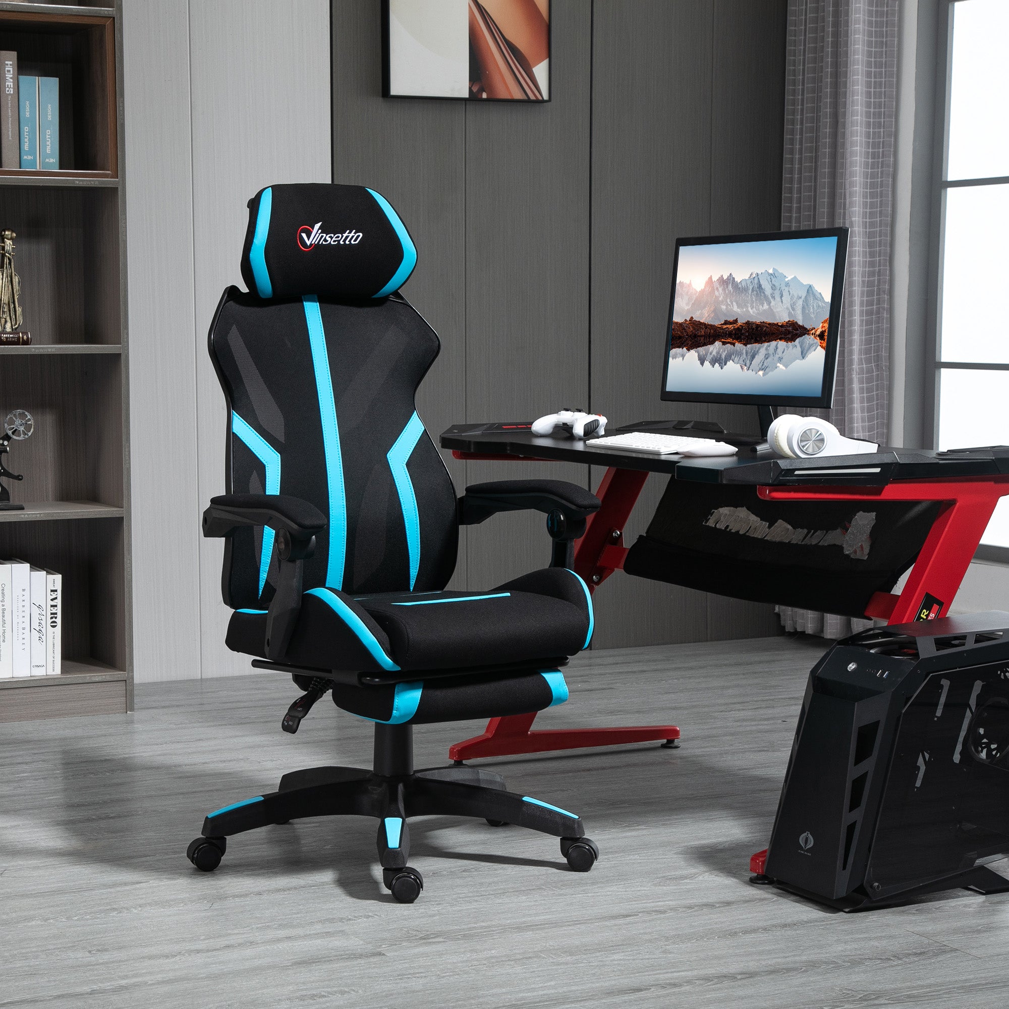 Cadeira de Gaming Ergonômica com Apoio para os Pés Retrátil - 65x65x129cm - Preto e Azul