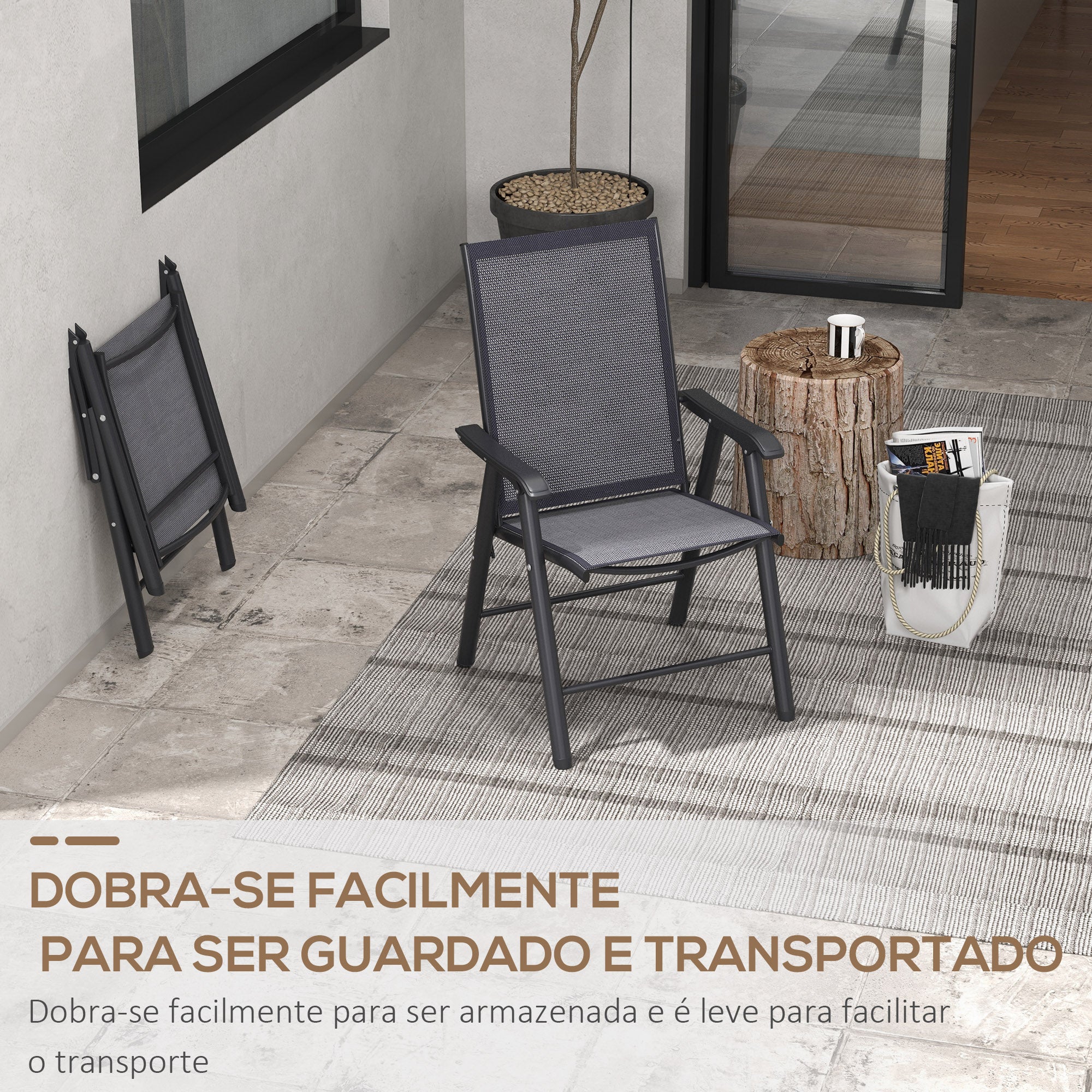 Conjunto de 2 Cadeiras Dobráveis para Jardim 58x64x94 cm - Cinza Escuro