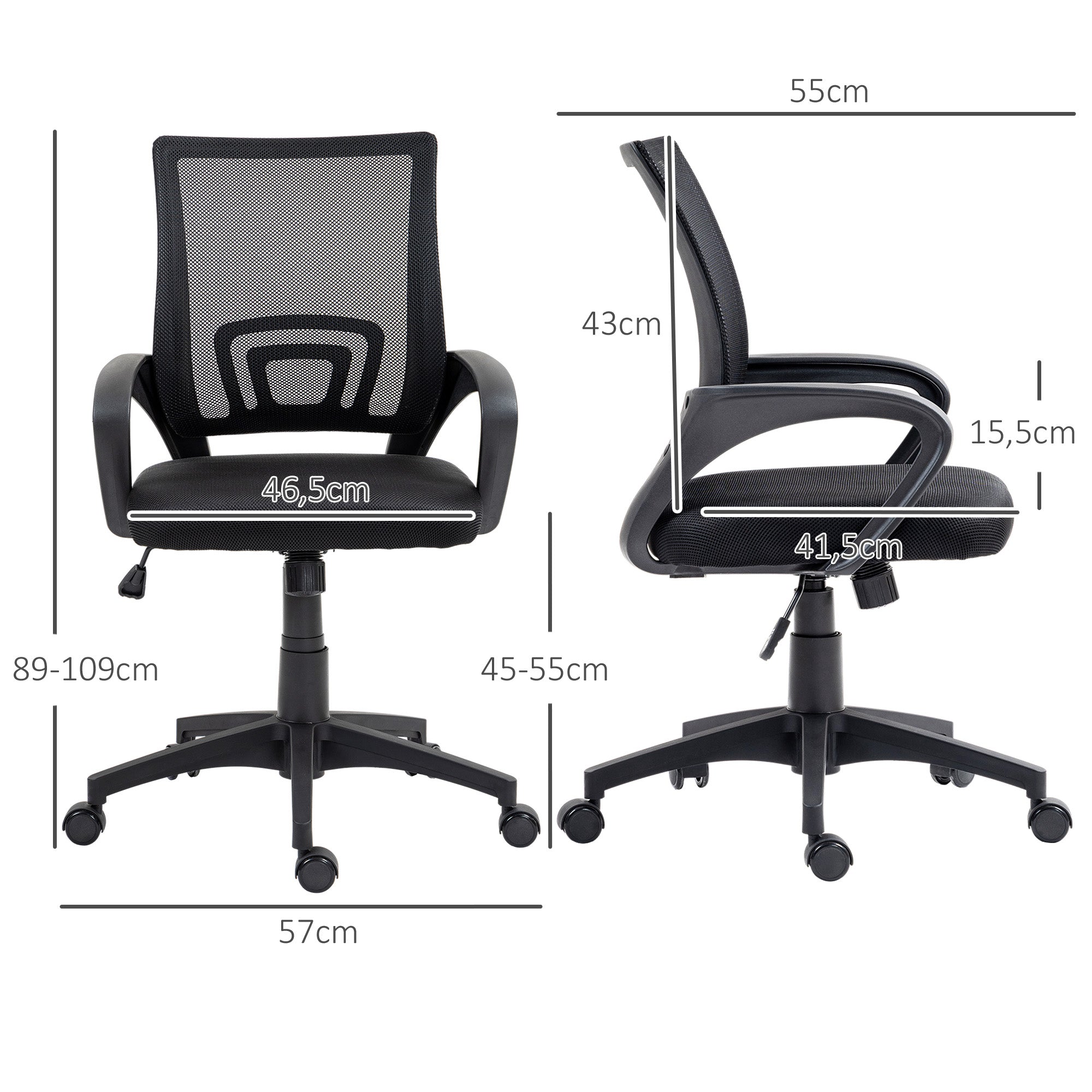 Cadeira de Escritório de Malha Giratória – 57x55x89-109 cm – Preto – Malha (100% poliéster)