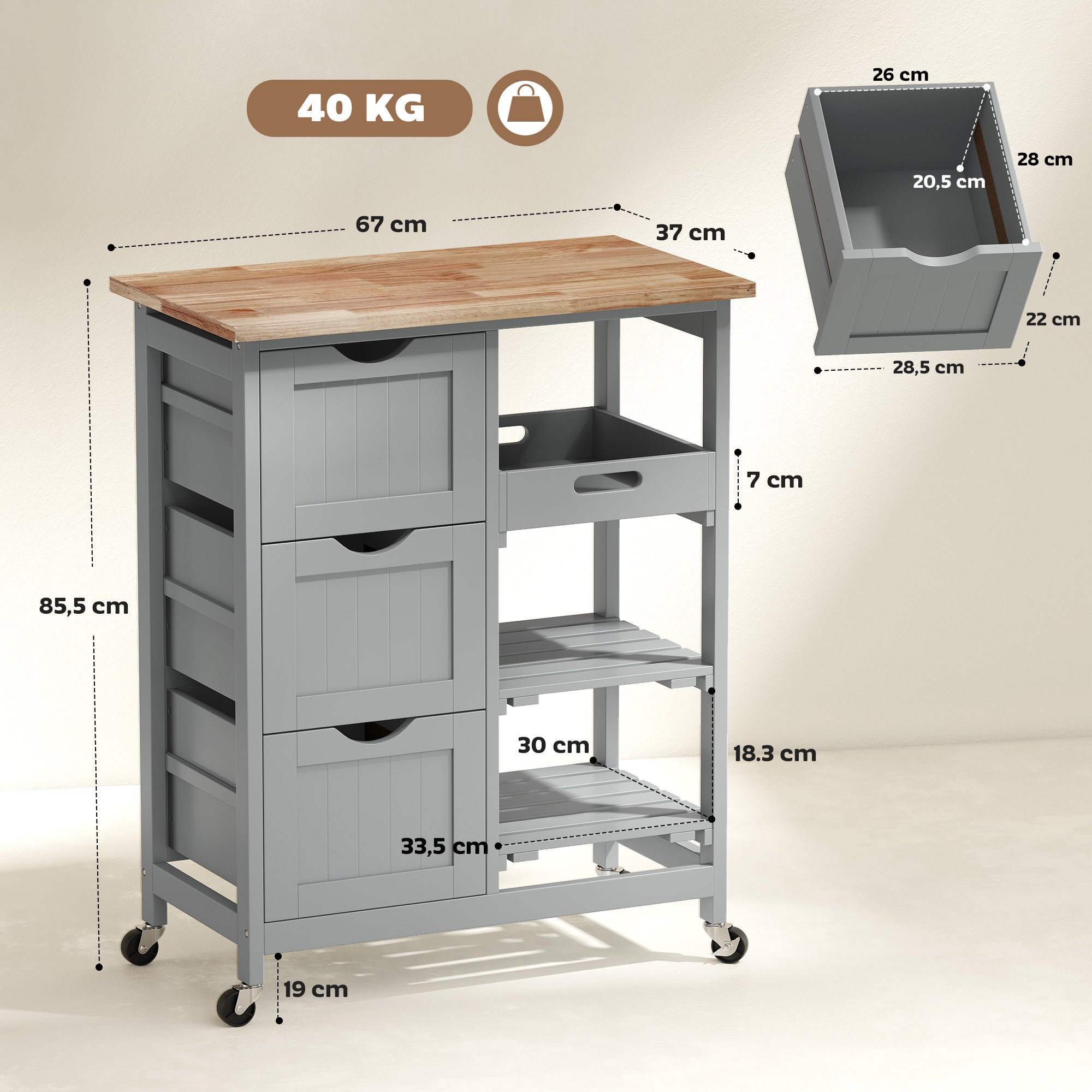 Carrinho de Cozinha Compacto Cinzento 67x37x85,5 cm