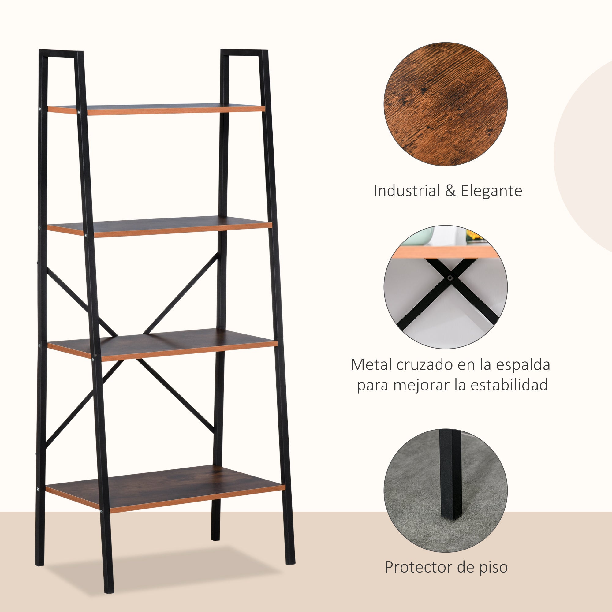 Estante de Escada Industrial com 4 Prateleiras 60x35x145cm em Preto e Madeira