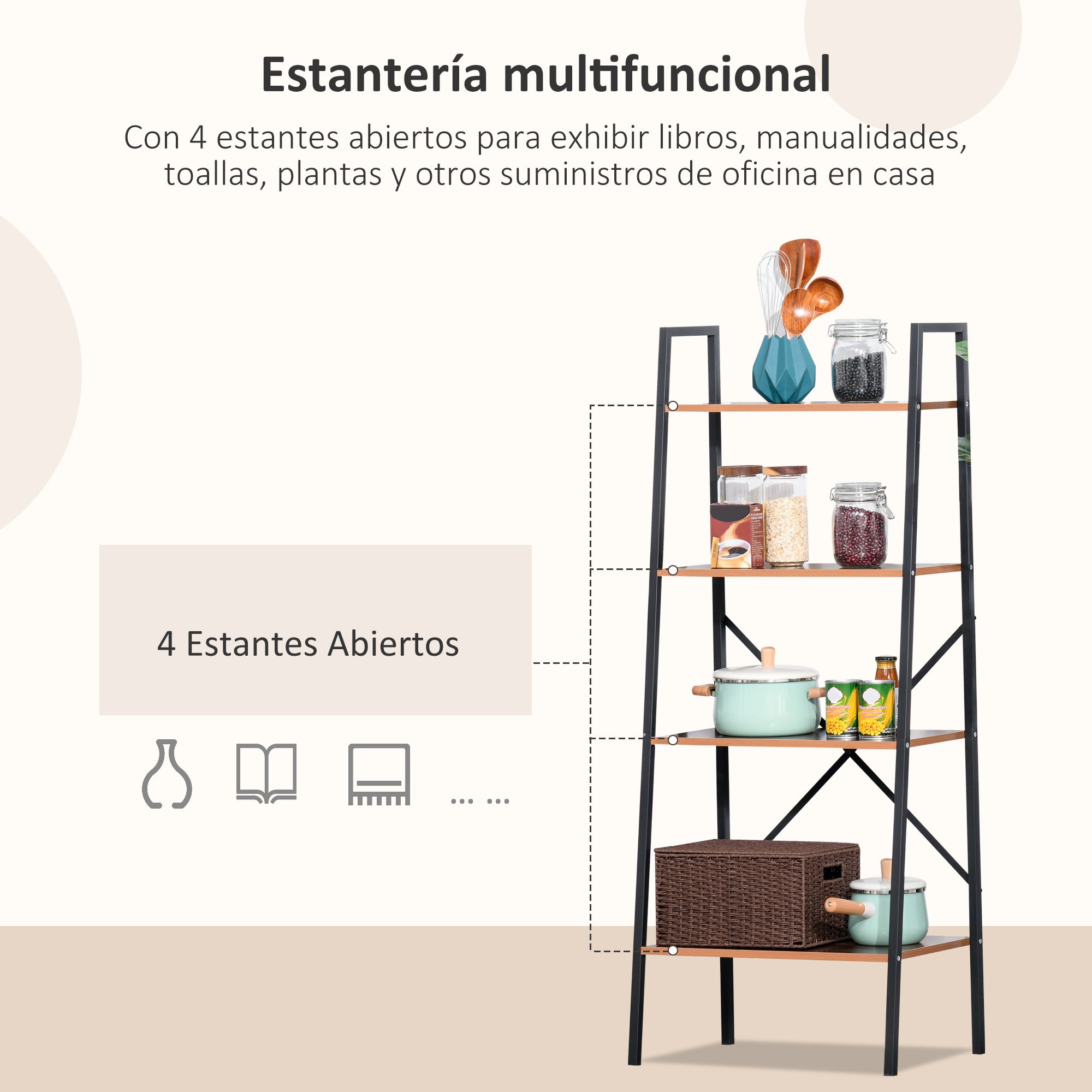 Estante de Escada Industrial com 4 Prateleiras 60x35x145cm em Preto e Madeira