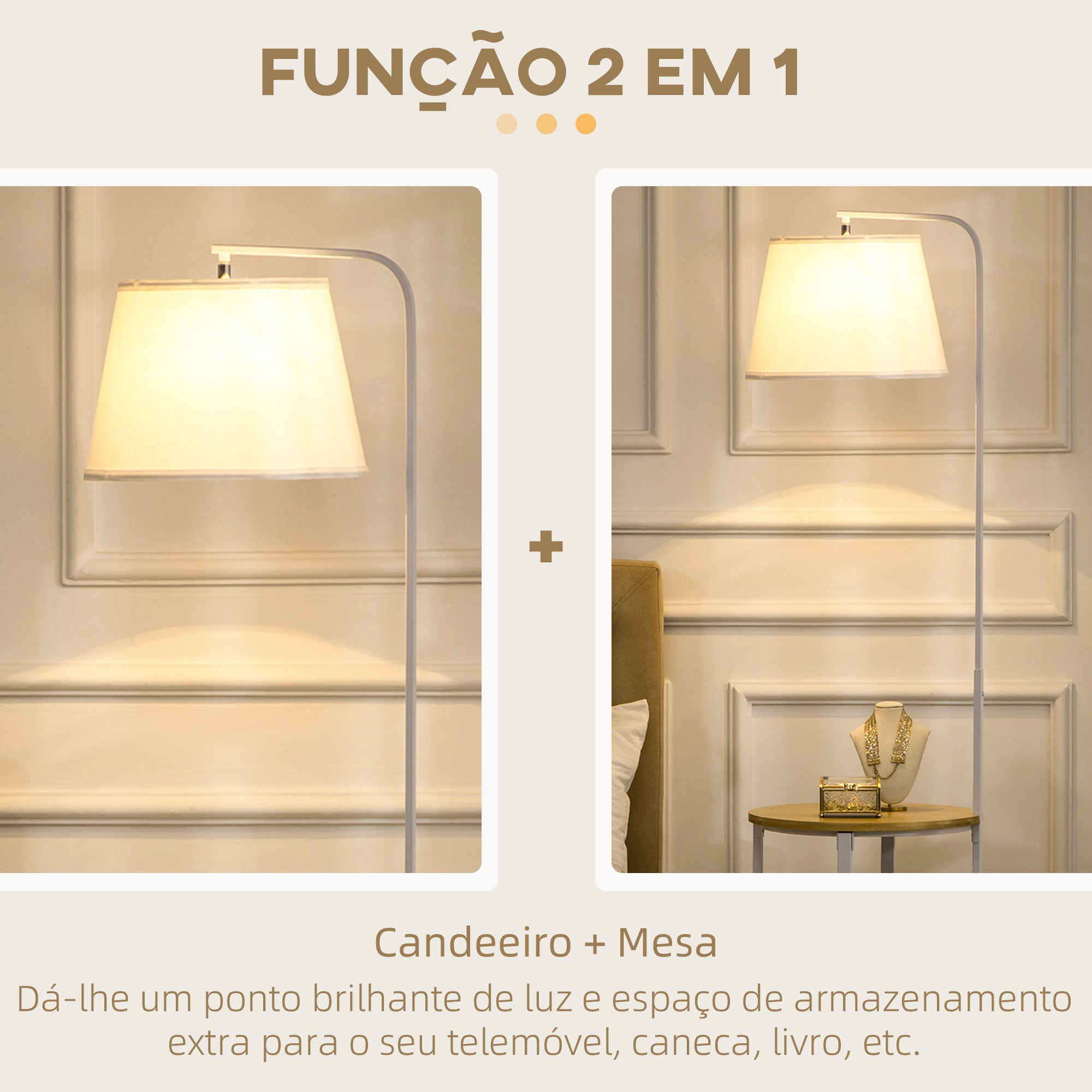Candeeiro de Pé Moderno com Prateleira – Ø37x162cm – Madeira e Branco