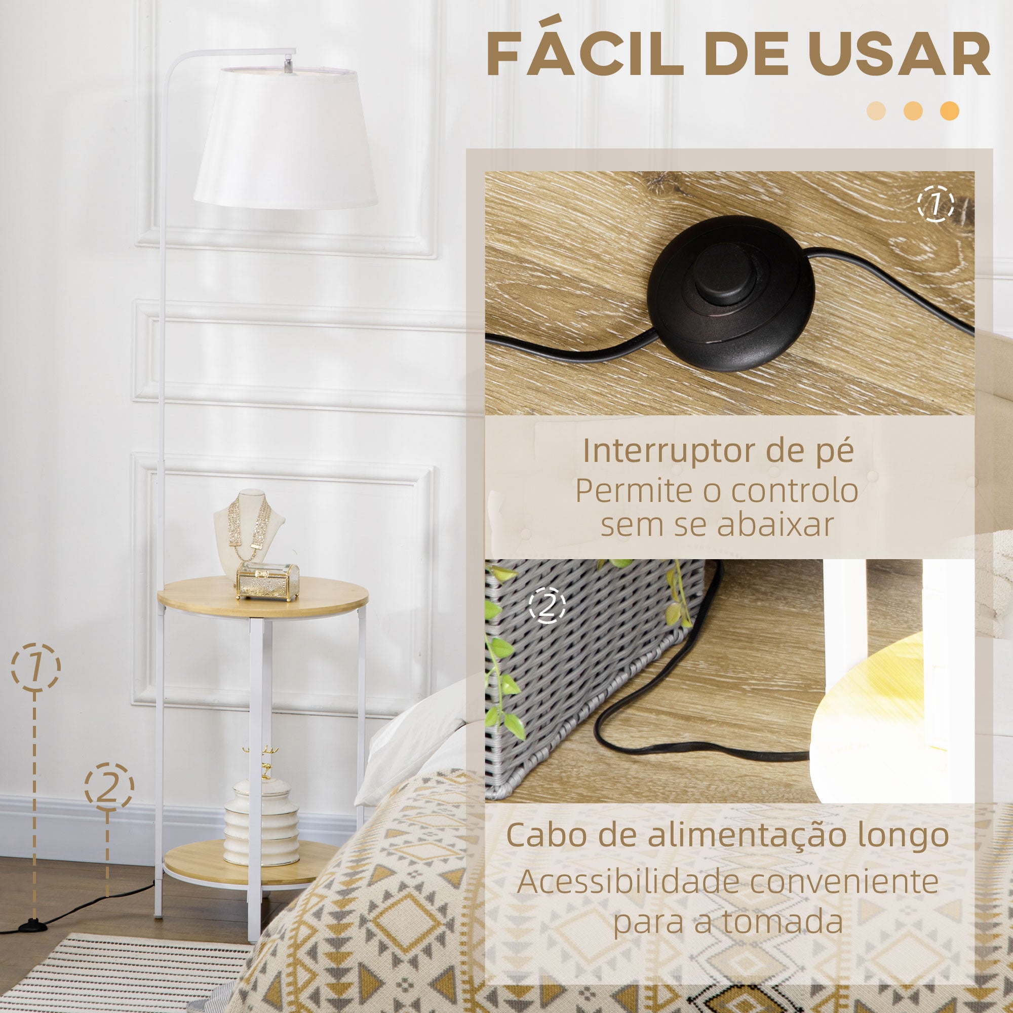 Candeeiro de Pé Moderno com Prateleira – Ø37x162cm – Madeira e Branco