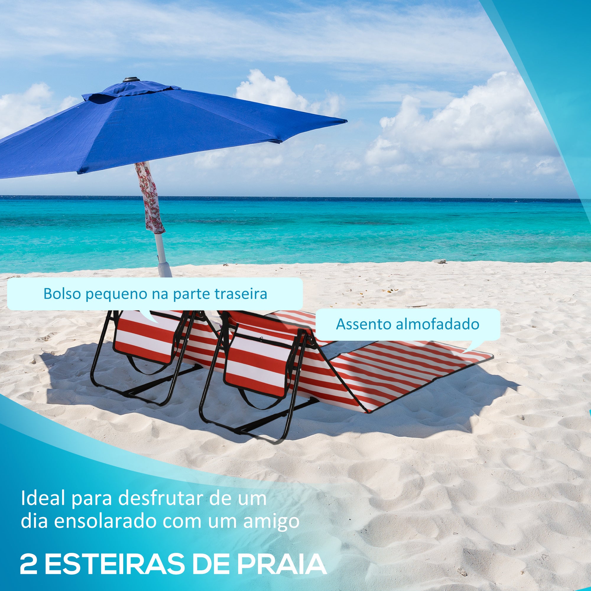 Conjunto de 2 Esteiras de Praia Dobráveis 142x51x40 cm - Preto, Branco e Vermelho