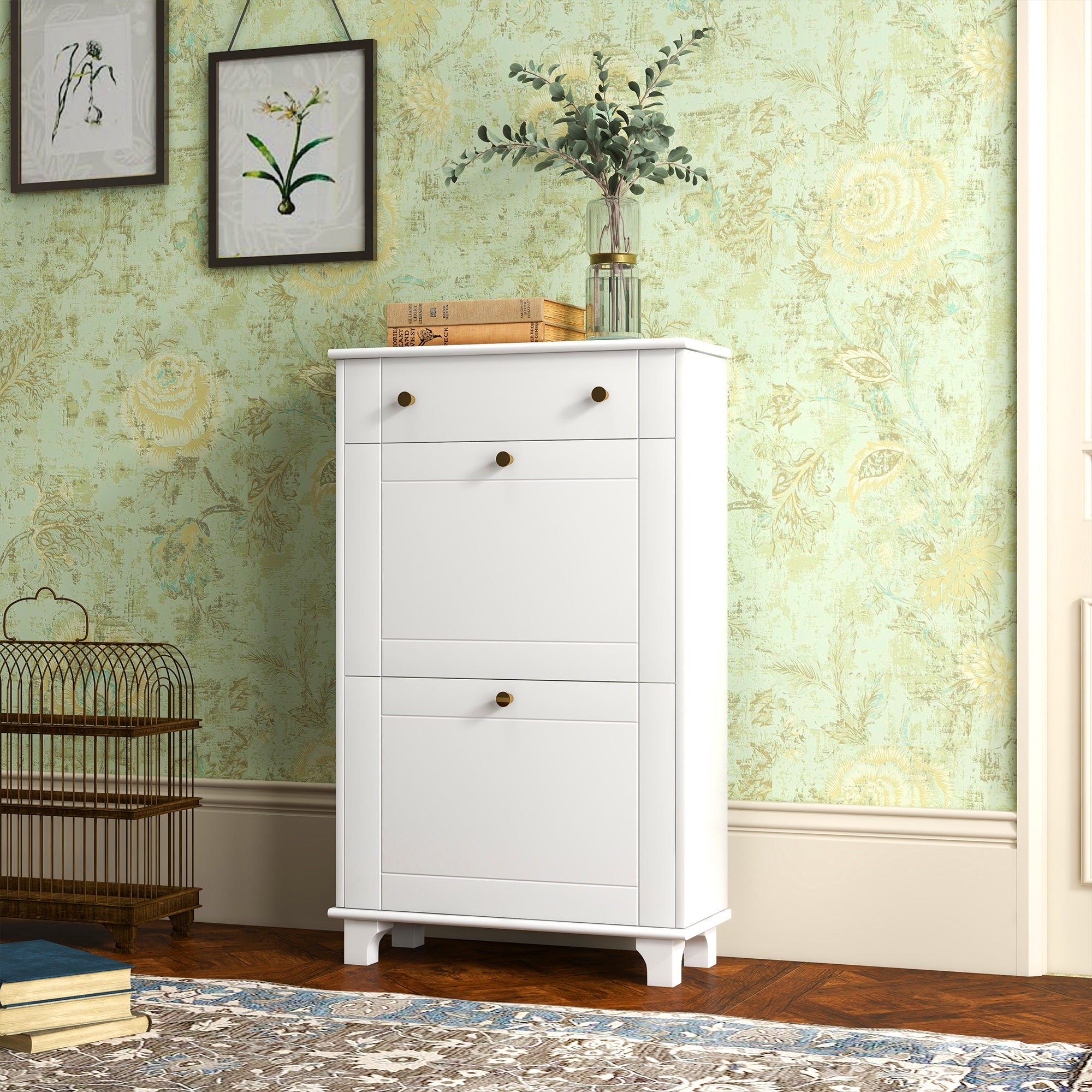 Sapateira Estreita Branca com 2 Portas e 1 Gaveta - 60x23,5x98,5 cm