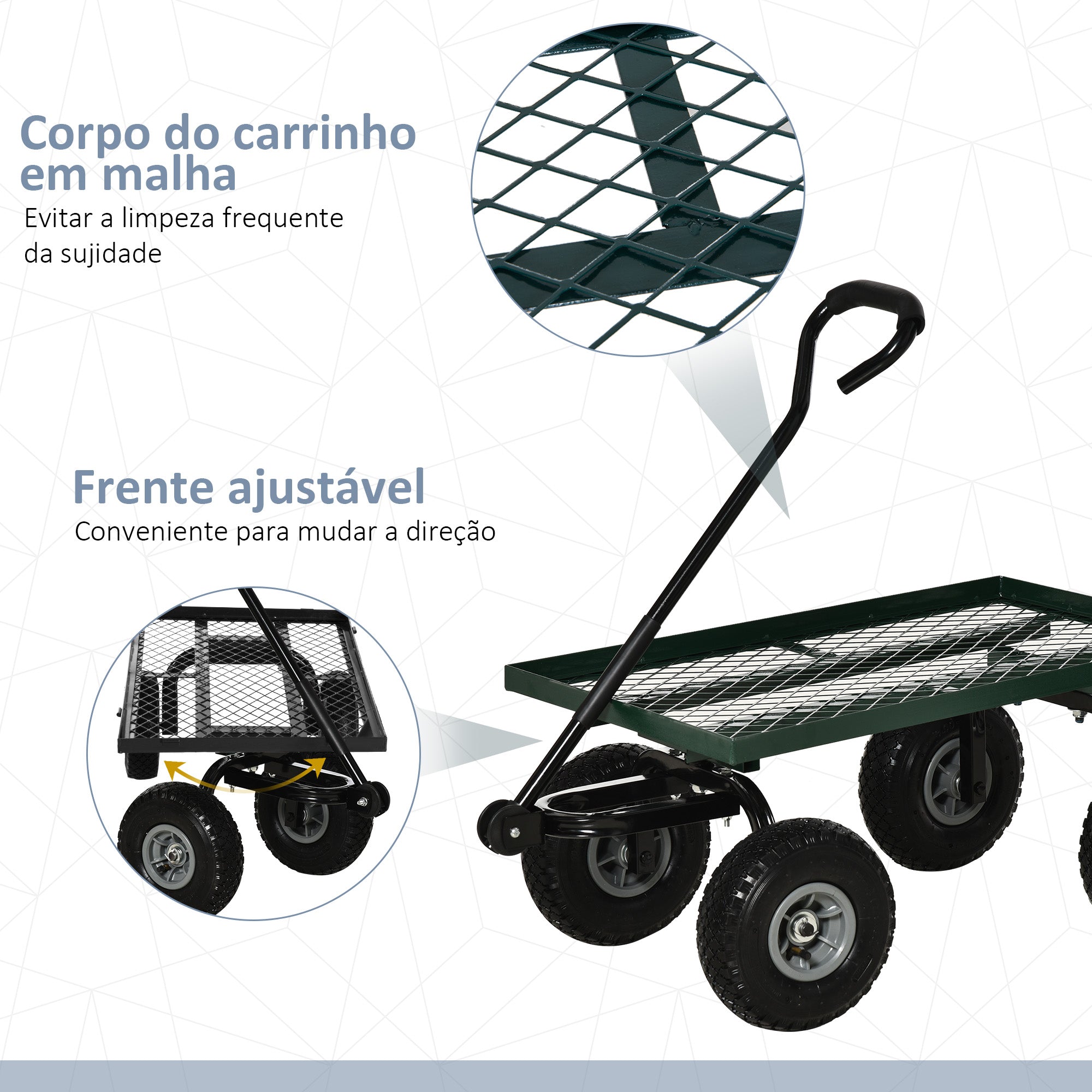 Carrinho de Transporte com Pega Revestida e 4 Rodas Grandes Ø24 cm - Verde Escuro 94x48,5x100 cm