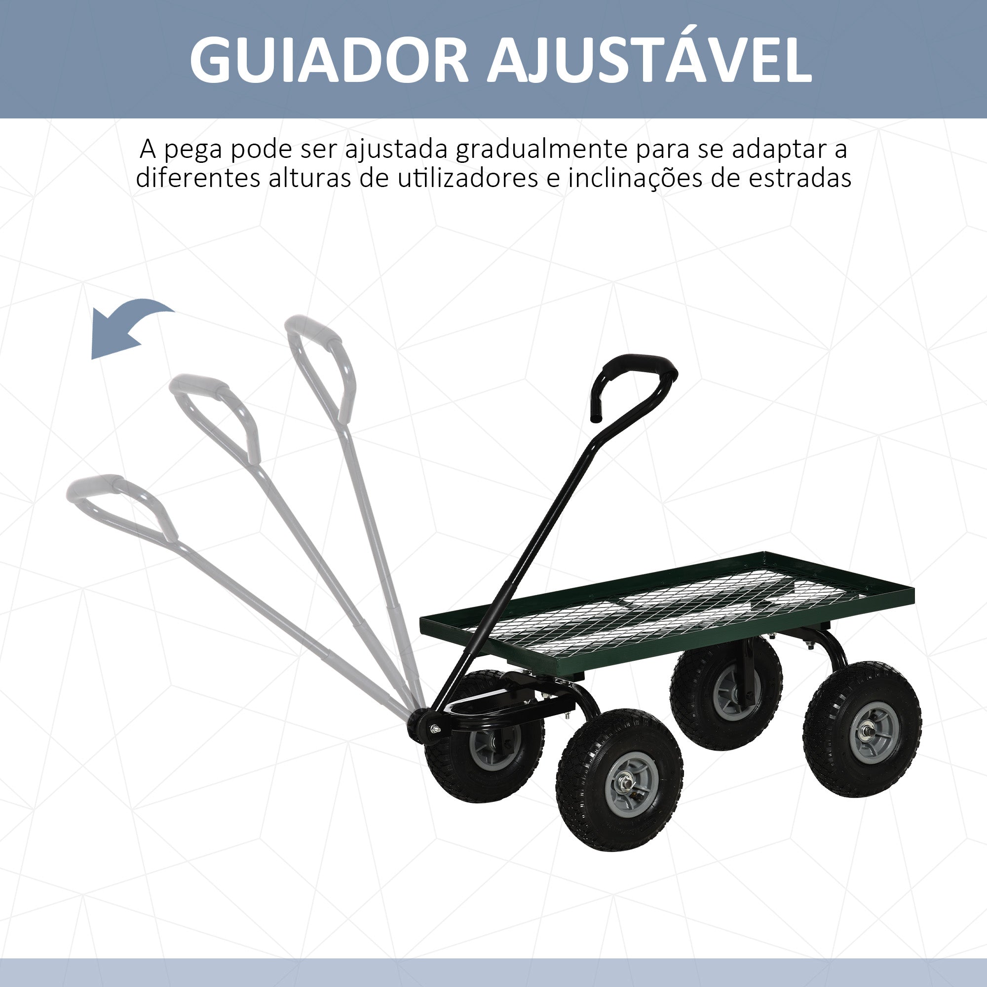 Carrinho de Transporte com Pega Revestida e 4 Rodas Grandes Ø24 cm - Verde Escuro 94x48,5x100 cm