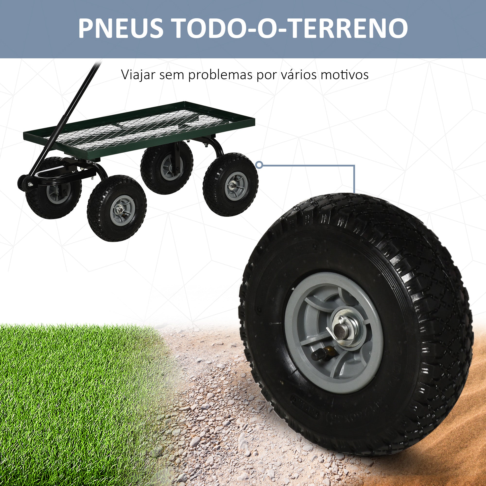 Carrinho de Transporte com Pega Revestida e 4 Rodas Grandes Ø24 cm - Verde Escuro 94x48,5x100 cm