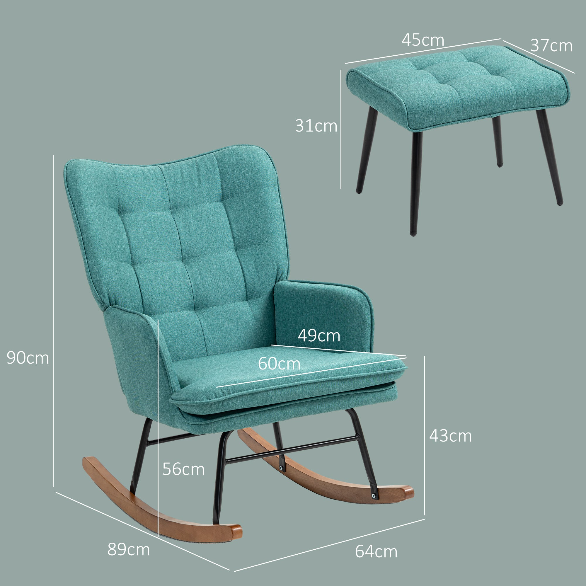 Poltrona Baloiço – 64x89x90 cm – Verde – Linho Sintético, Espuma, Aço e Madeira de Faia