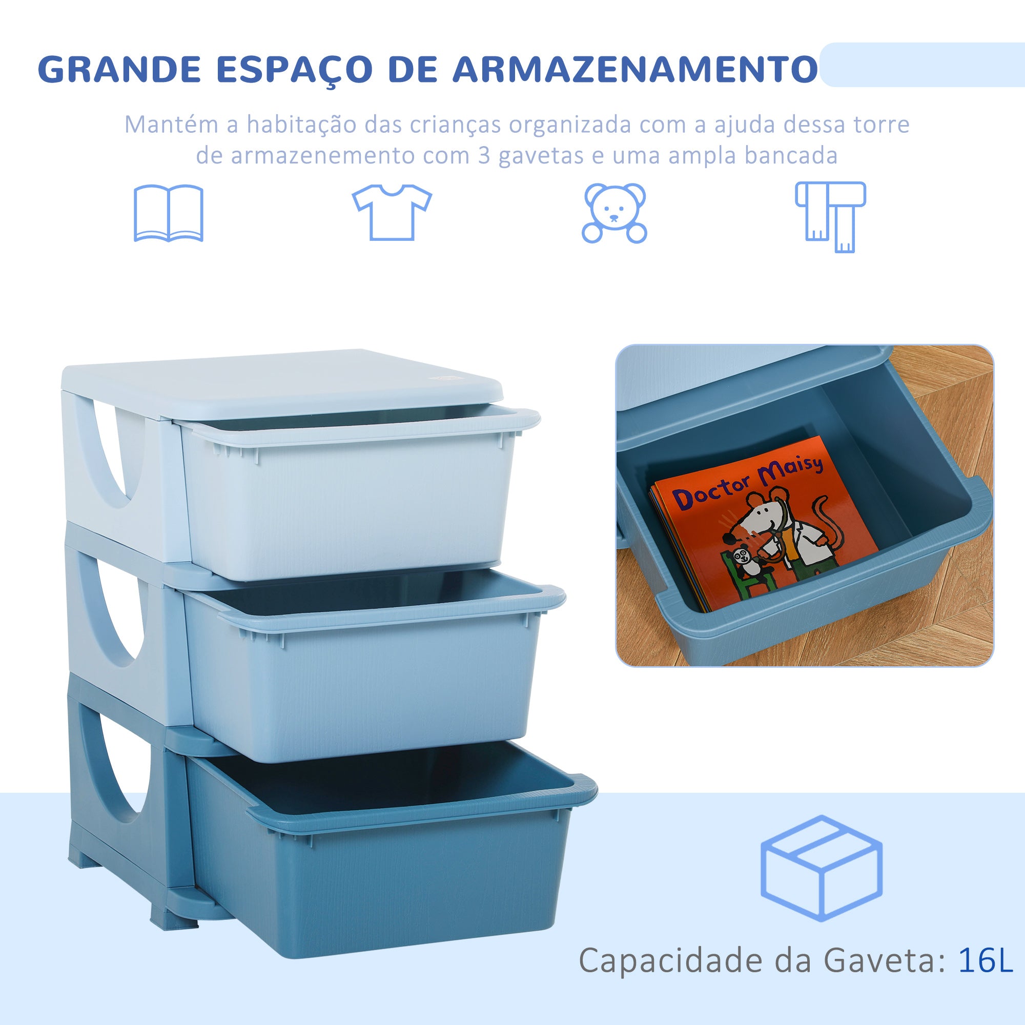 Organizador de Brinquedos para Crianças - 37x37x56,5cm - Azul