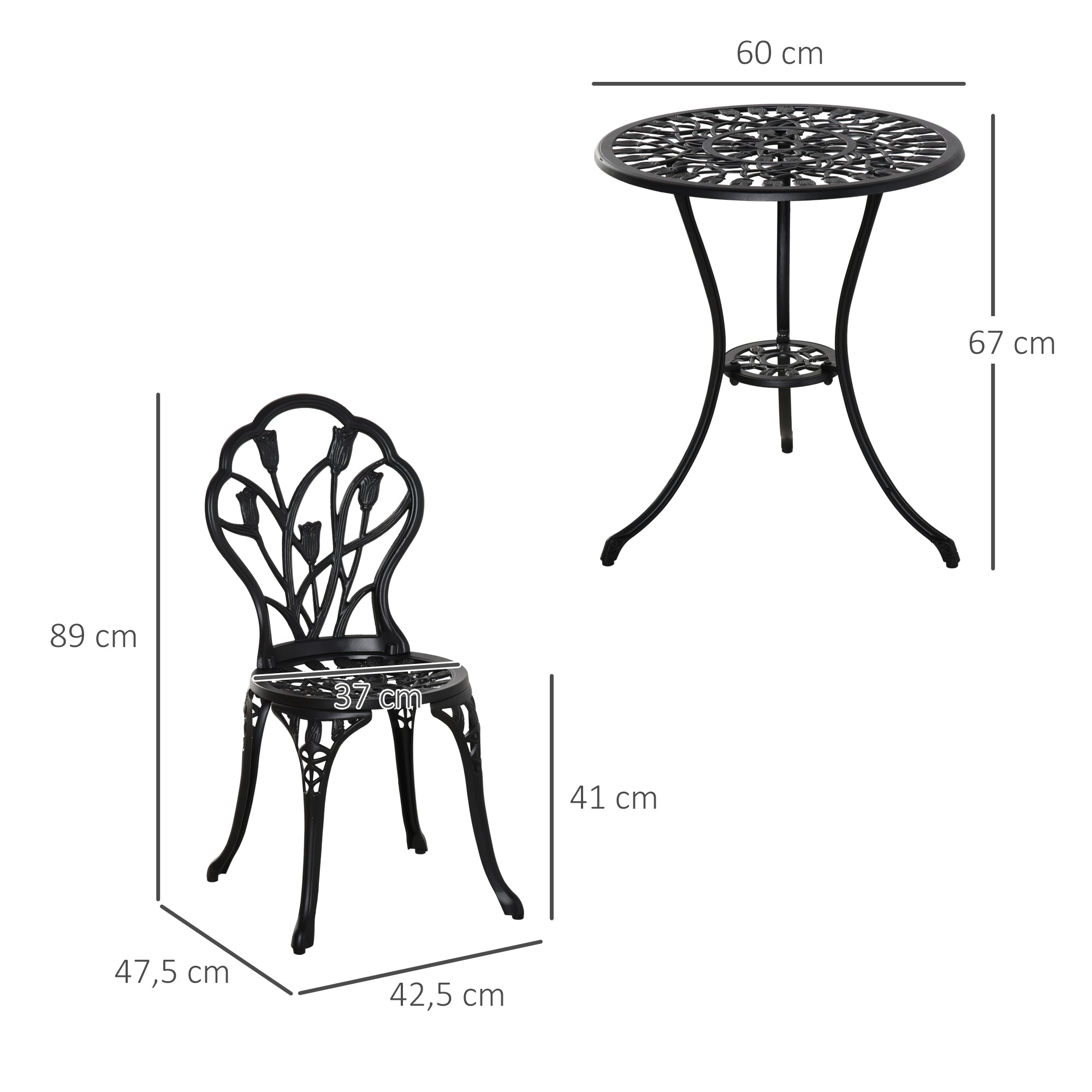 Conjunto de Mesa e Cadeiras de Jardim 3 Peças Preto Ø60x67 cm