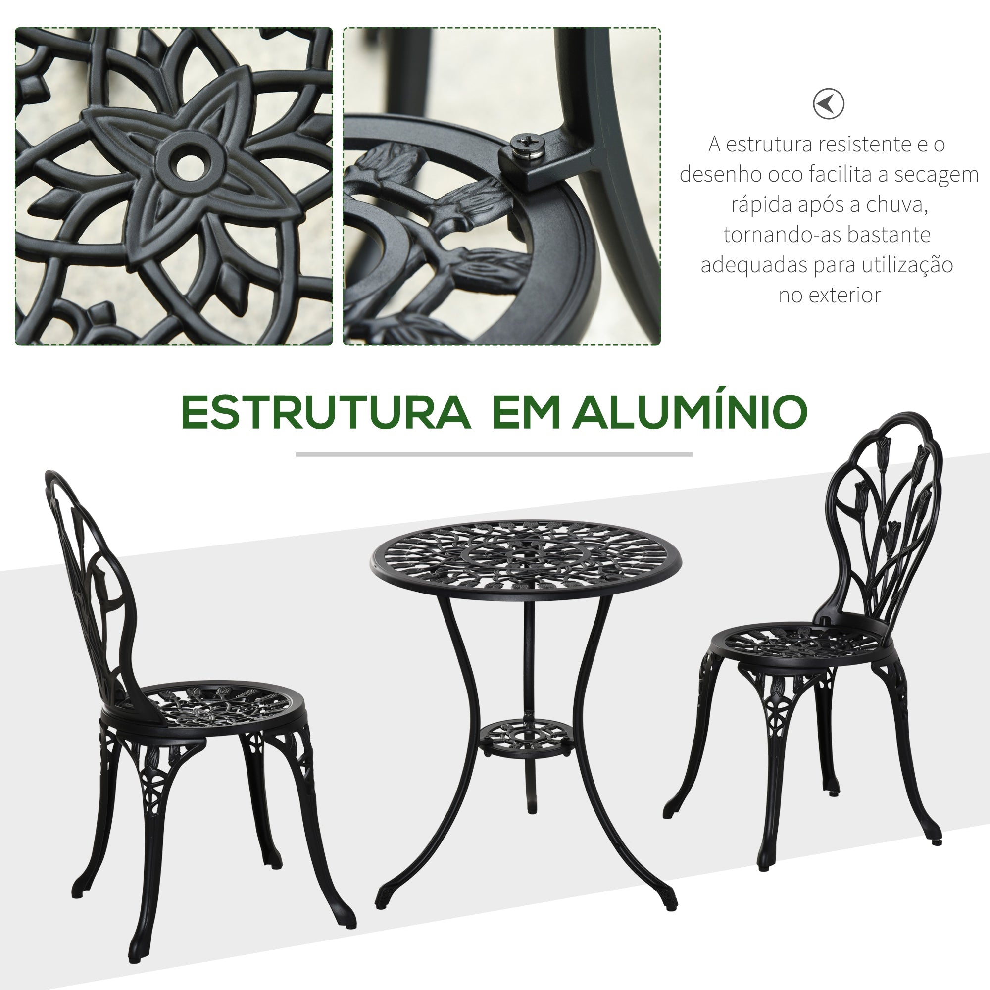 Conjunto de Mesa e Cadeiras de Jardim 3 Peças Preto Ø60x67 cm