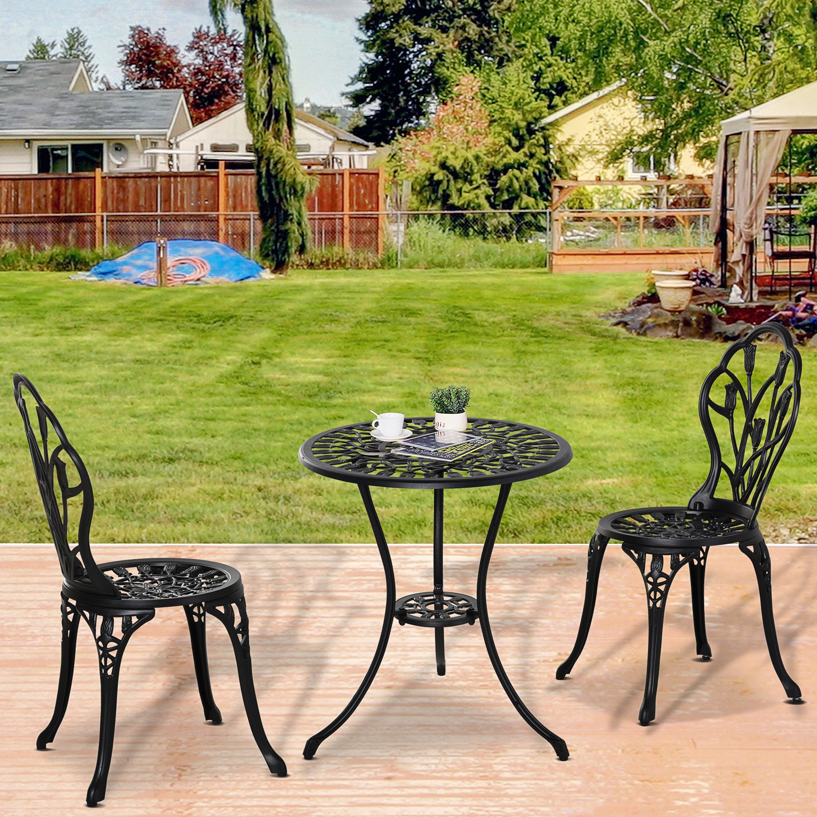Conjunto de Mesa e Cadeiras de Jardim 3 Peças Preto Ø60x67 cm