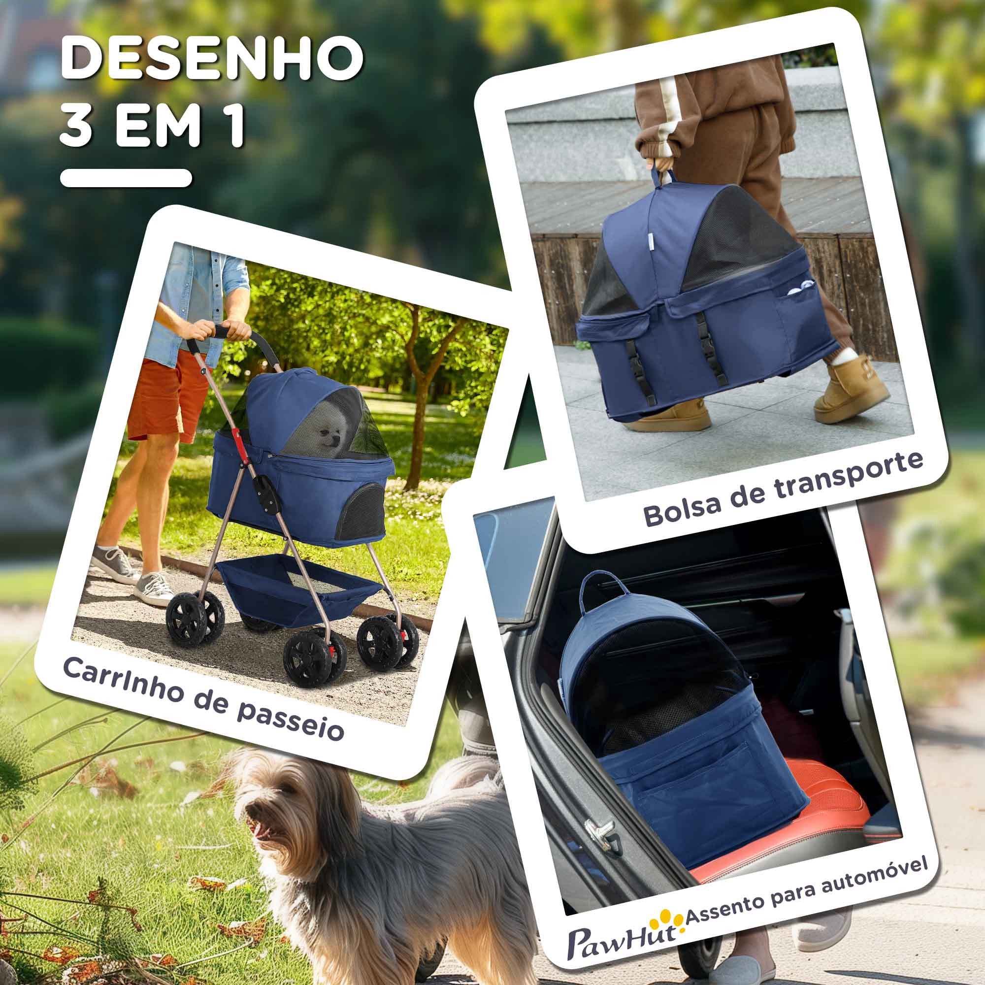 Carrinho para Cães Miniatura 3 em 1 Azul 76x50x102 cm