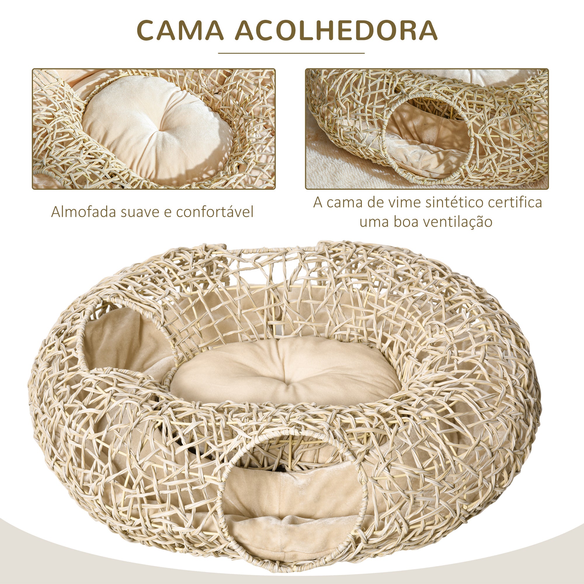Cama para Gatos de Vime Cor de Madeira Natural 78x69x22cm