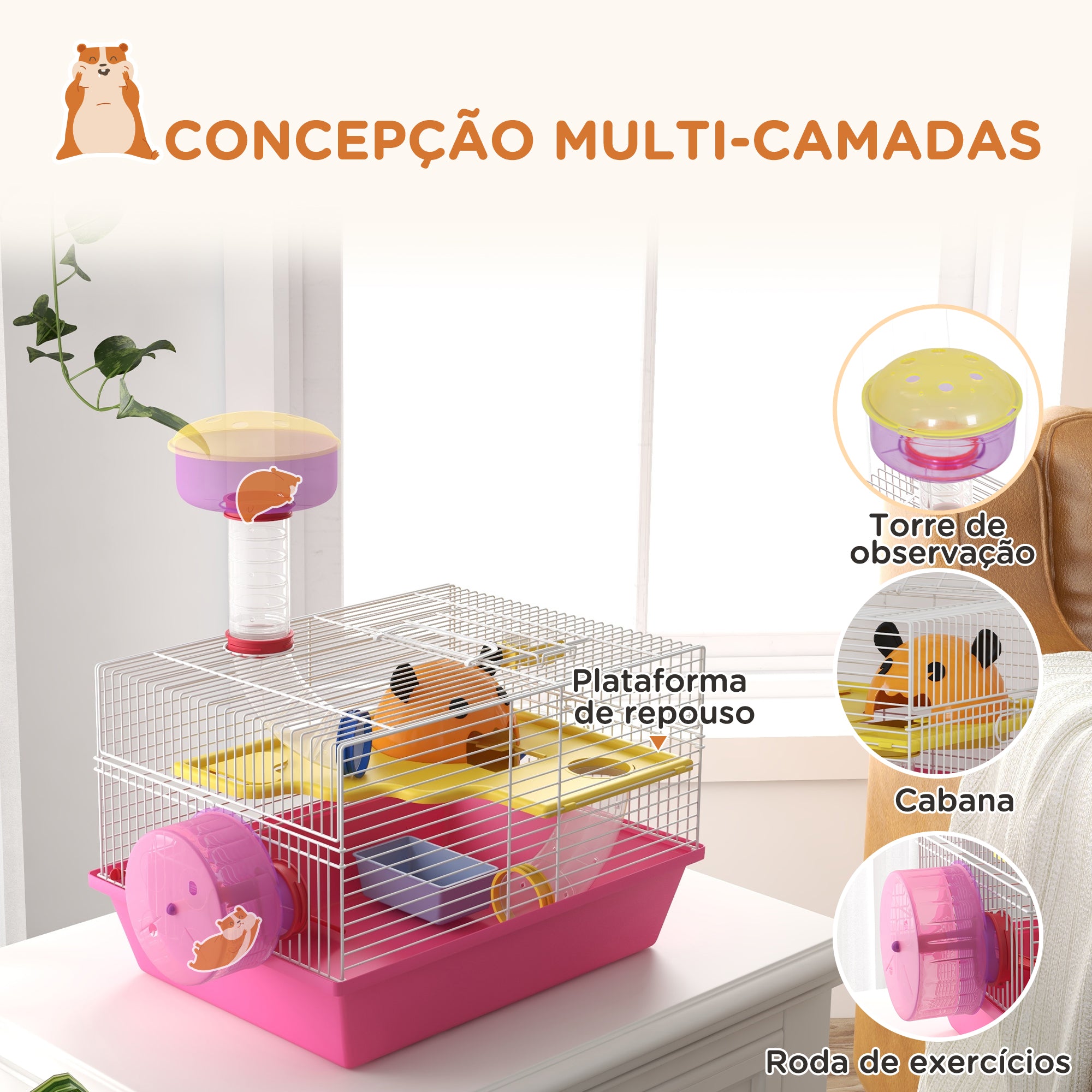 Gaiola para Hamsters Multicolor 34x27x25 cm - Branco, Rosa, Amarelo